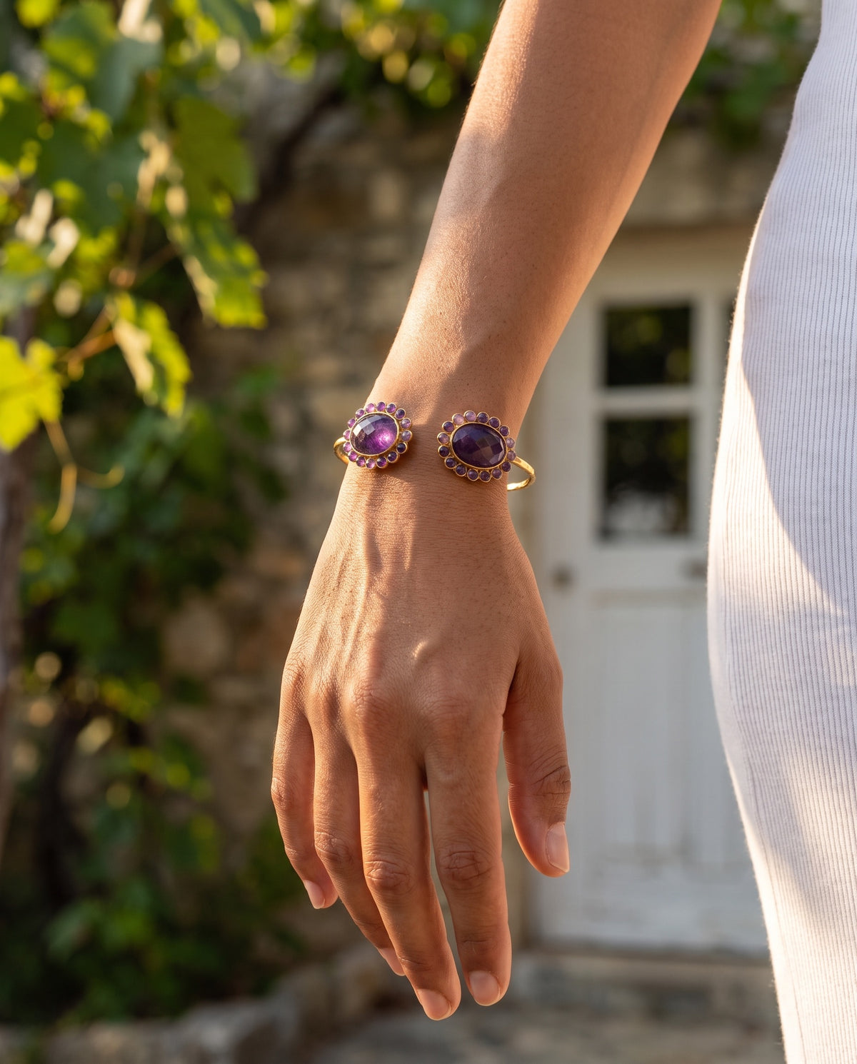 thin bracelet set with purple gemstones
