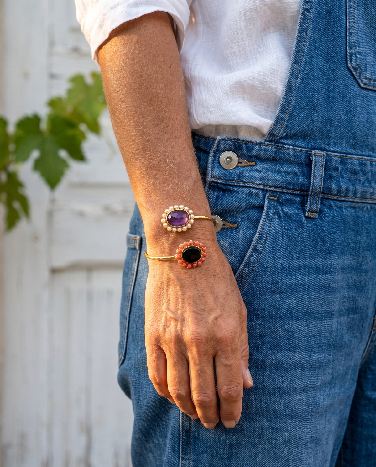 Elegant Goldplated Bangle with Gemstones and Pearls