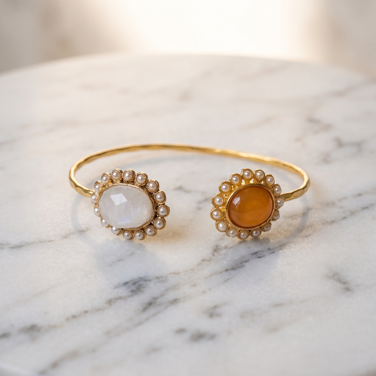 Delicate Gold Cuff with Dual Gemstones and Pearls