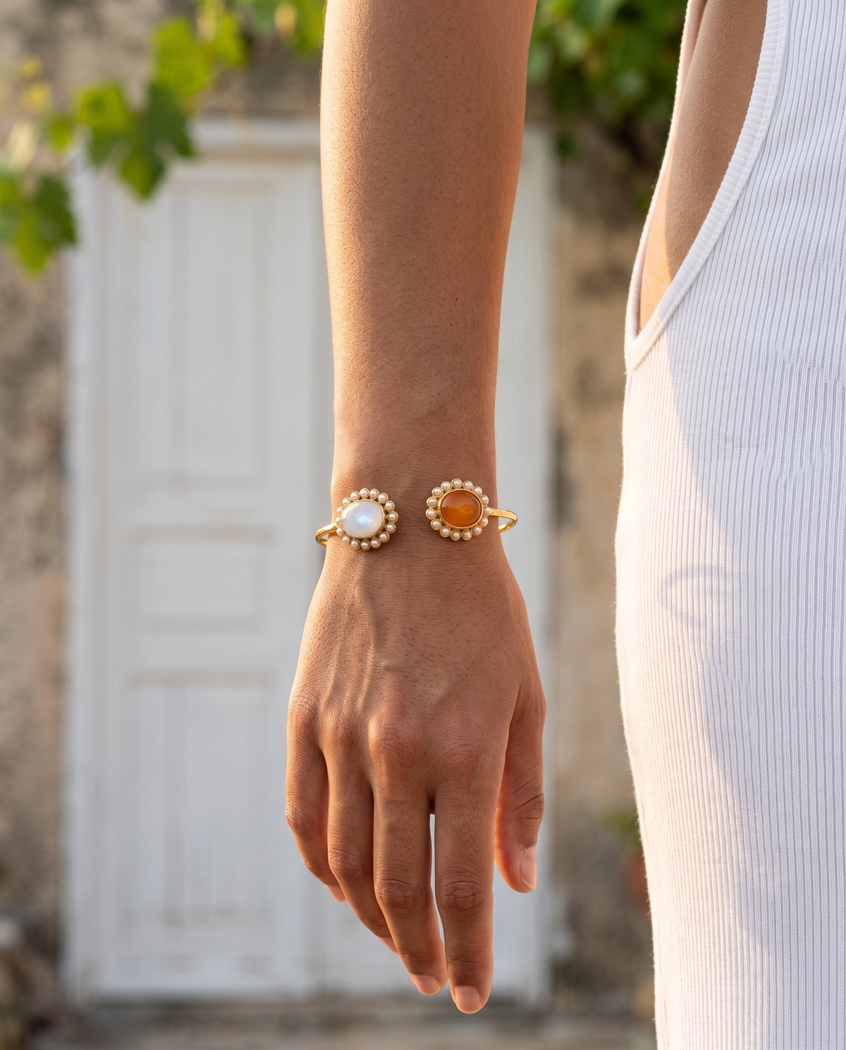 Delicate Gold Cuff with Dual Gemstones and Pearls
