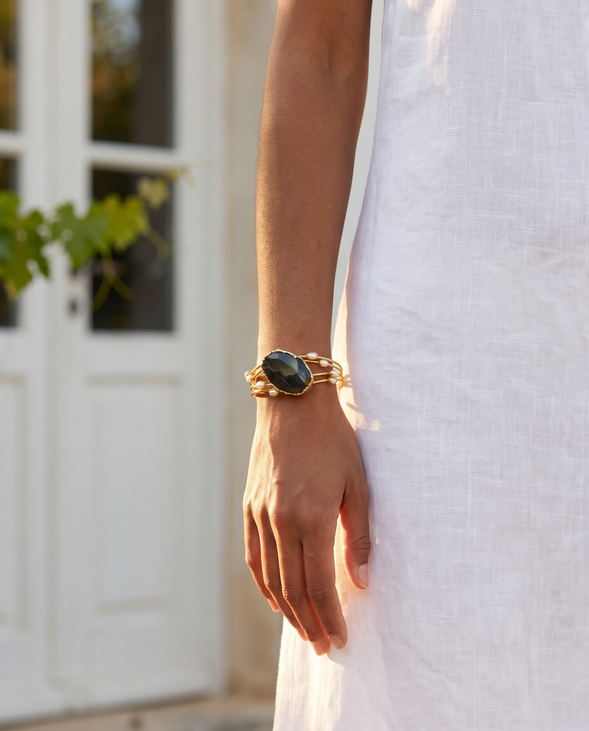 Midnight Gemstone Gold Cuff Bracelet