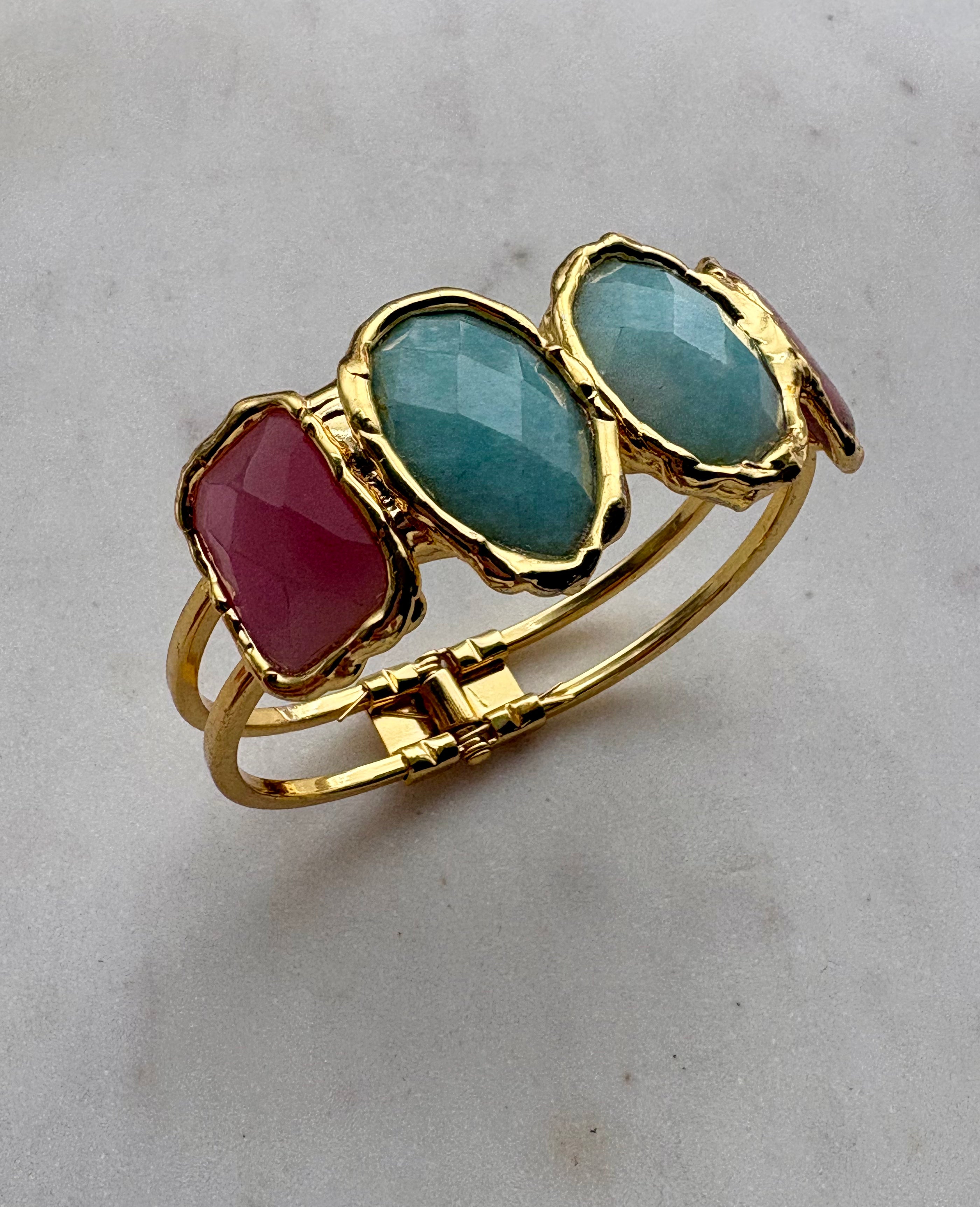 gold stone cuff bracelet - turquoise & burgundy