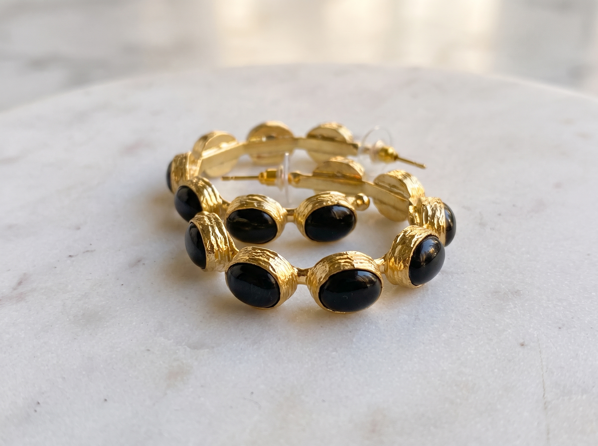 black onyx gemstone hoop earrings