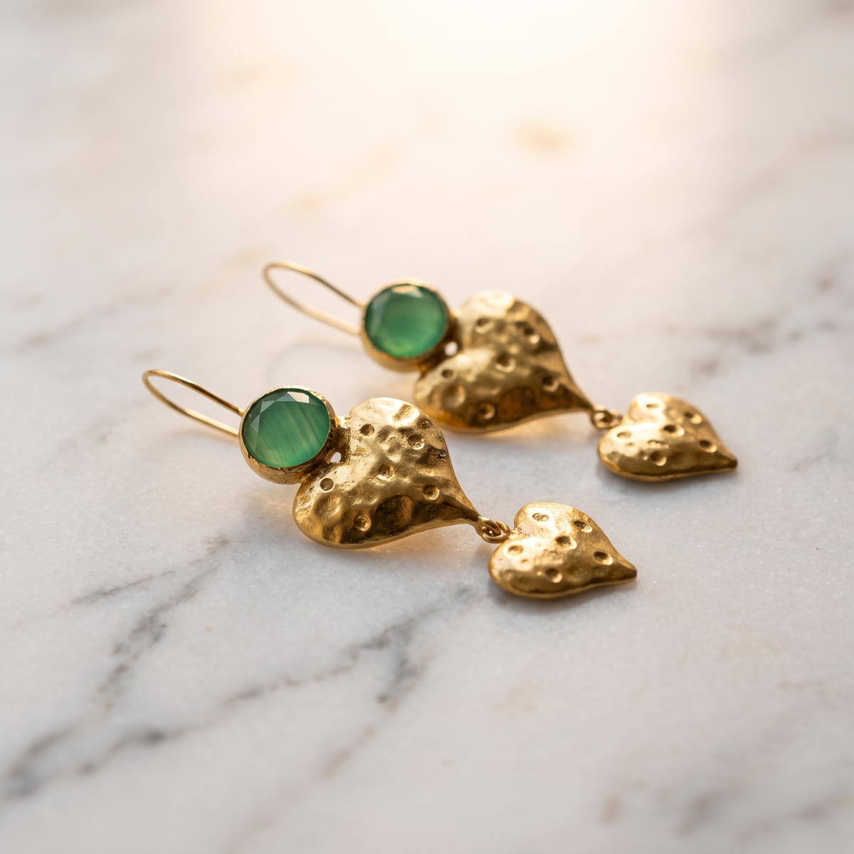 double heart green gemstone earrings