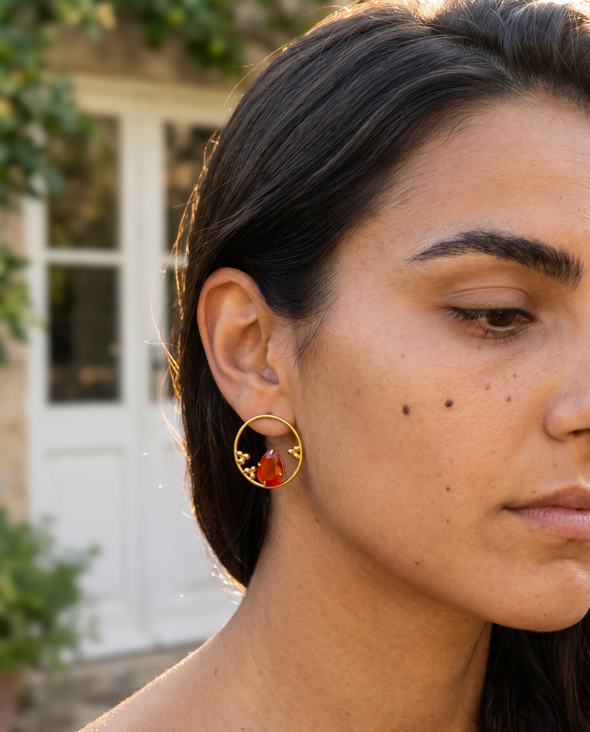 gold circle hoop gemstone earrings