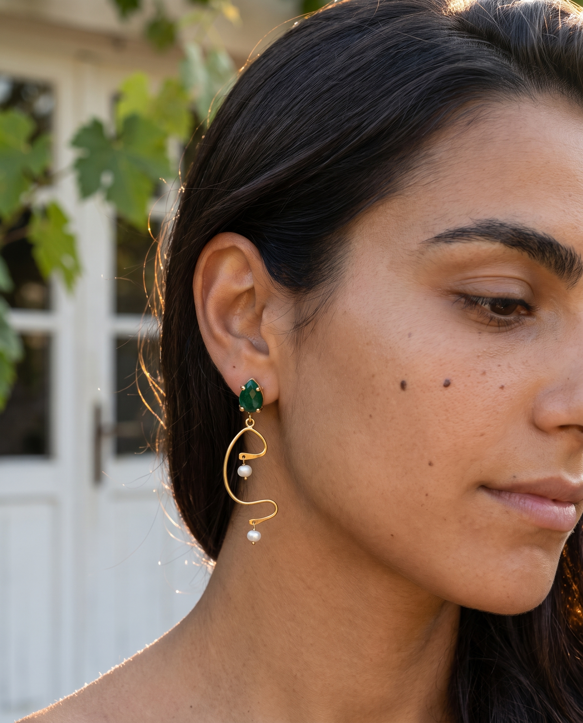green emerald & pearl sculptural drop earrings