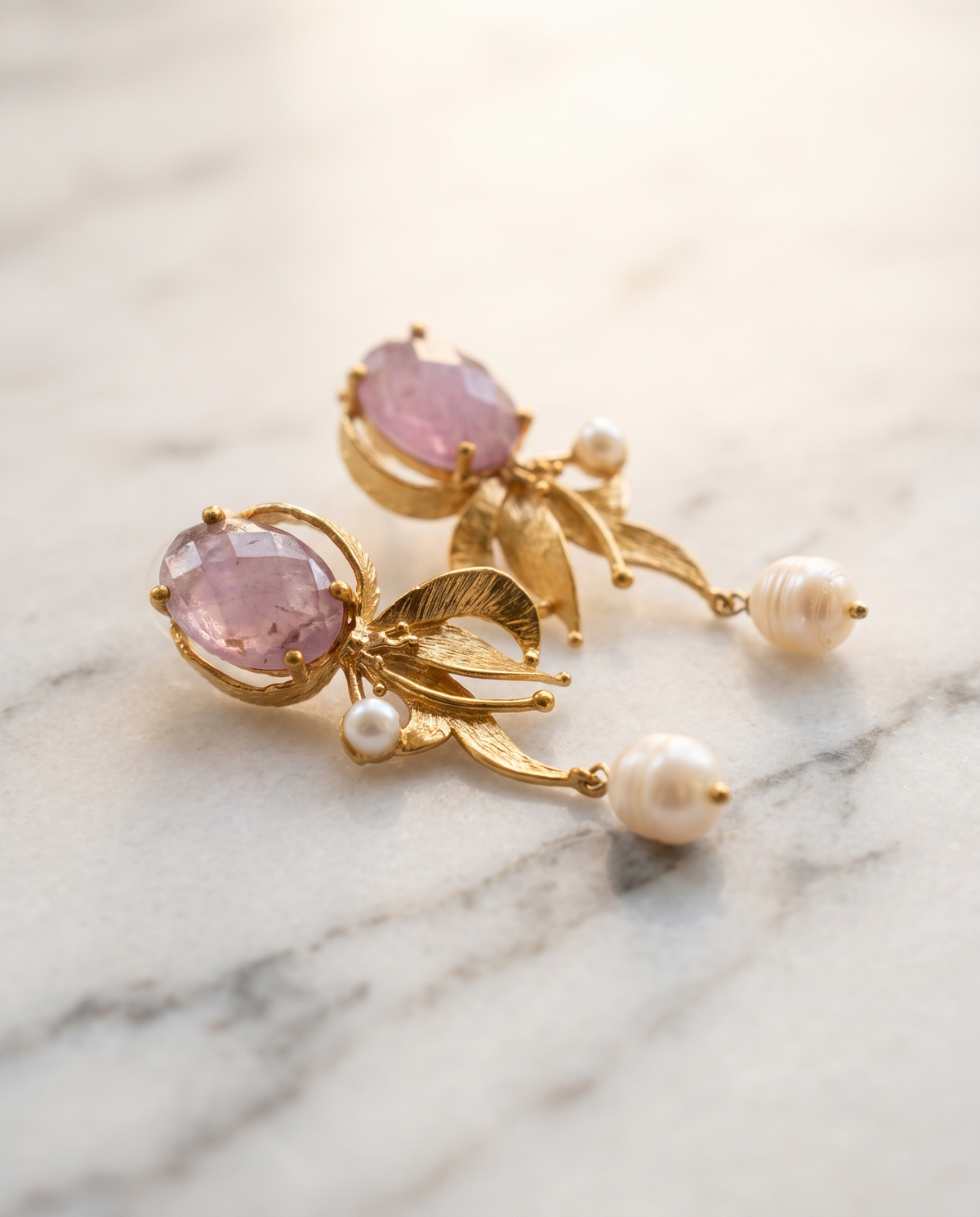 lilac gemstone golden design earrings