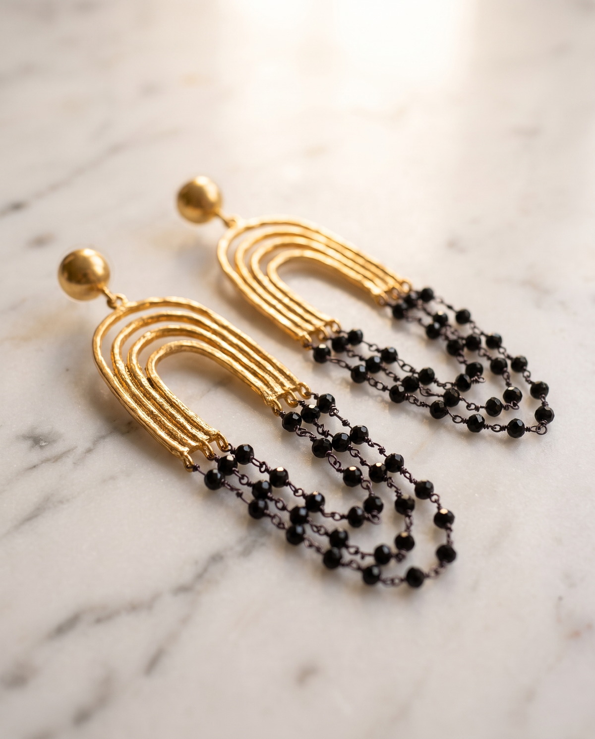 longdrop goldwired bottom black bead earrings