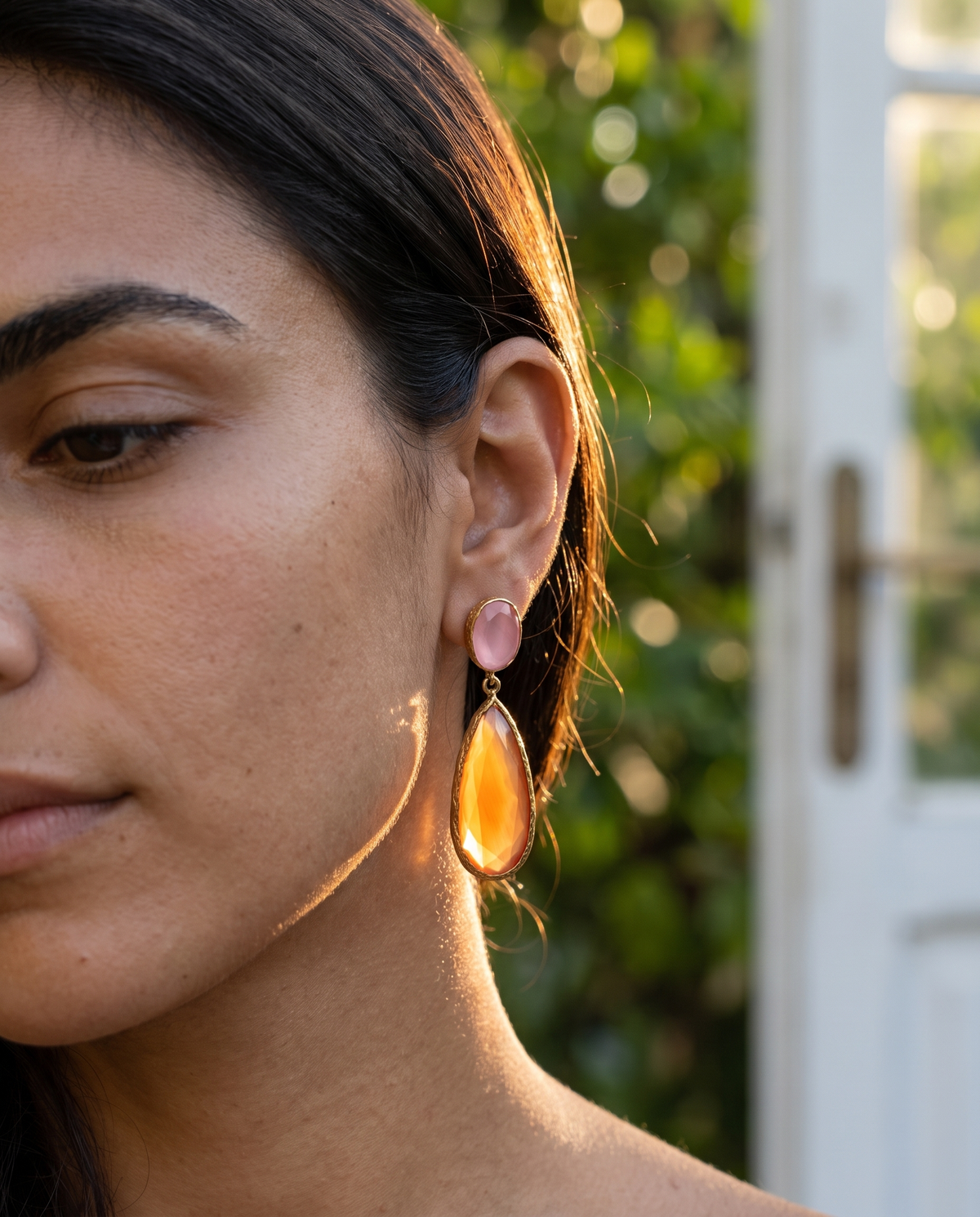 modern blush gemstone dangles in gold