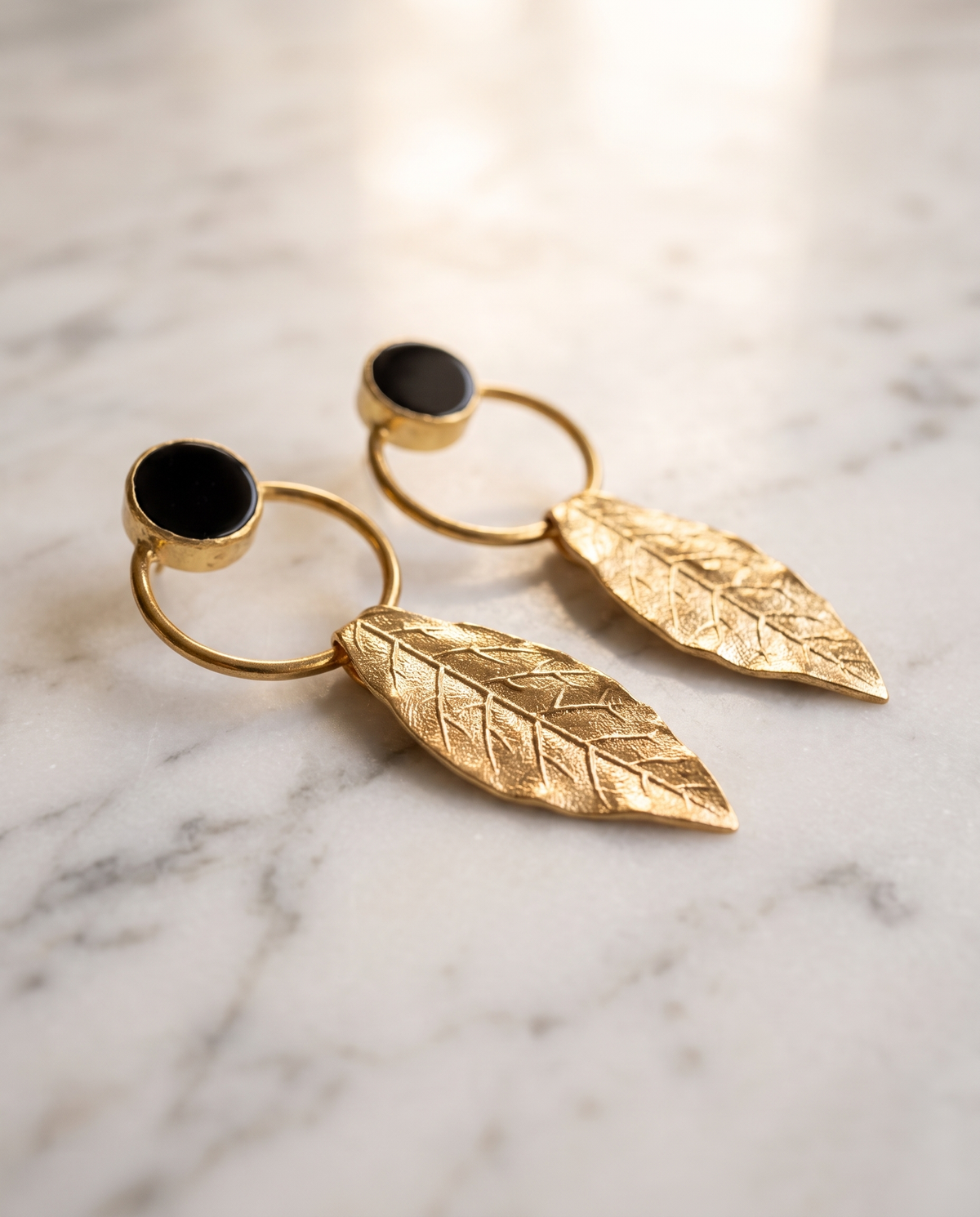 onyx gemstone leaf drop earrings