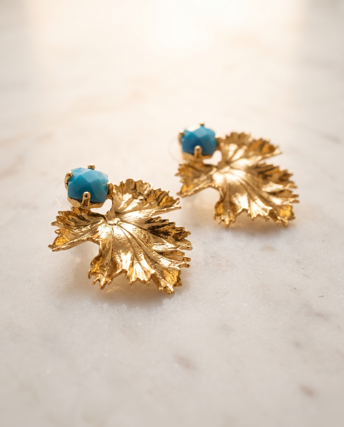 sky blue gemstone gold leaf design earrings