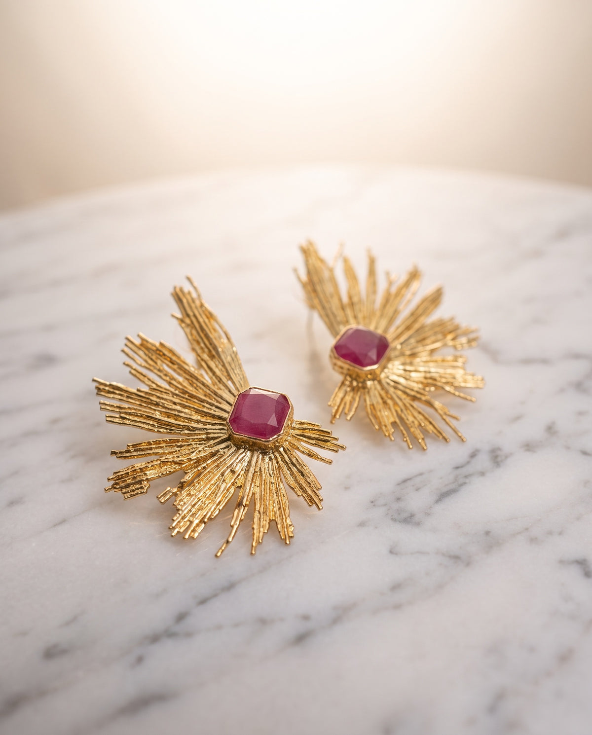 Soft Pink Gemstone Stud Earrings | Gold Starburst Earrings