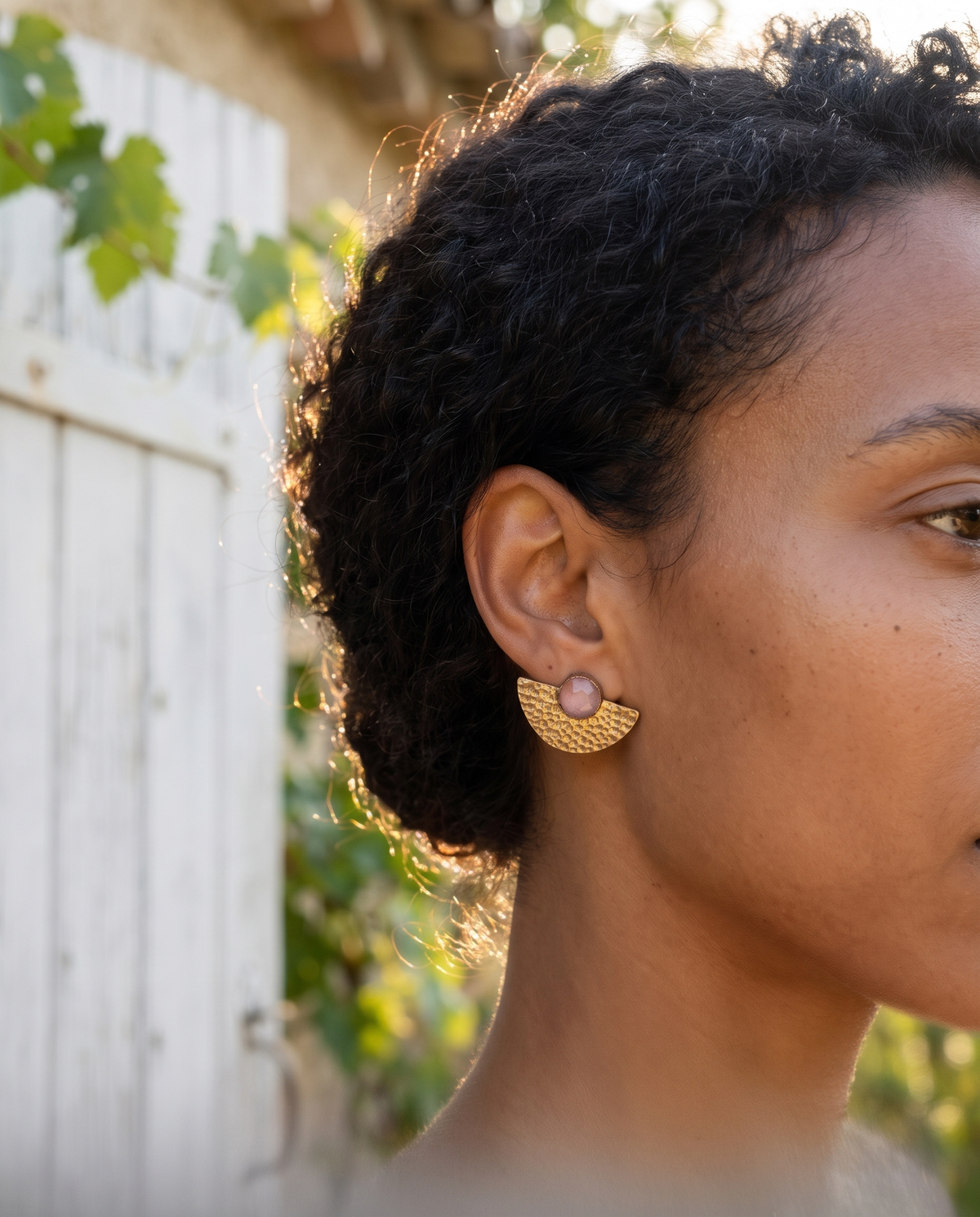 Half Moon | Pink Gemstone Gold Studs