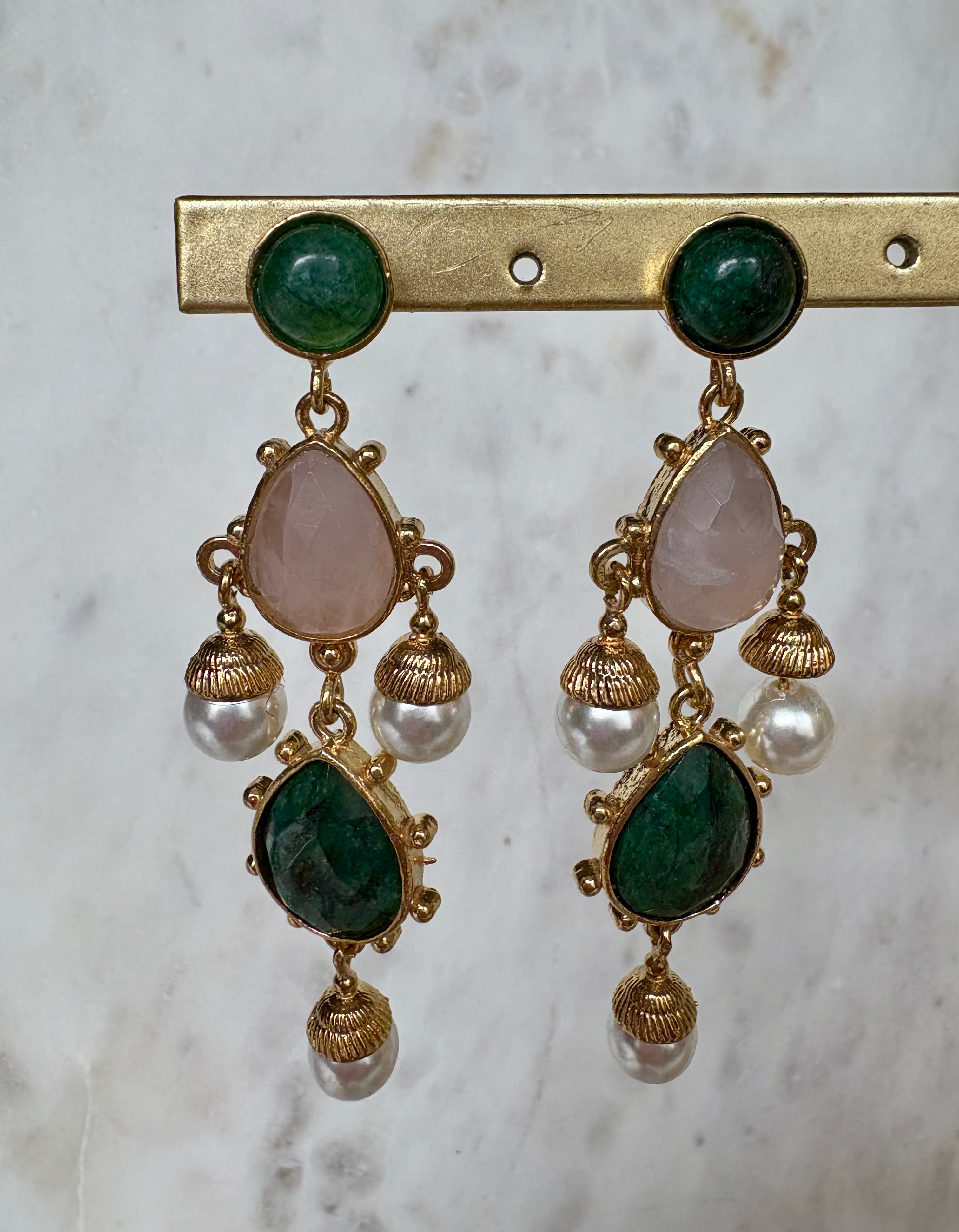 Elegant Gold Earrings - Green & Pink Stones