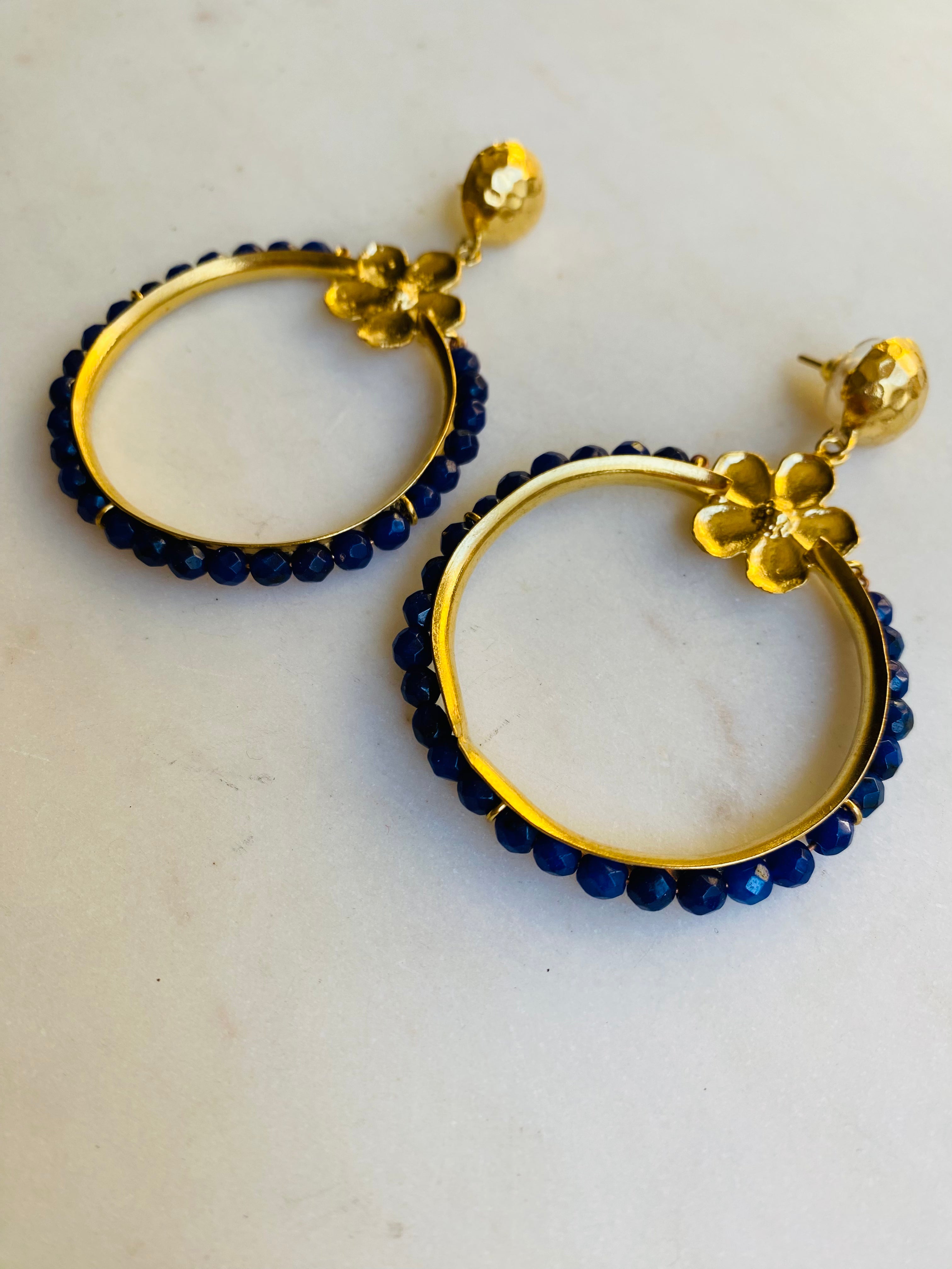dark blue beaded hoop earrings