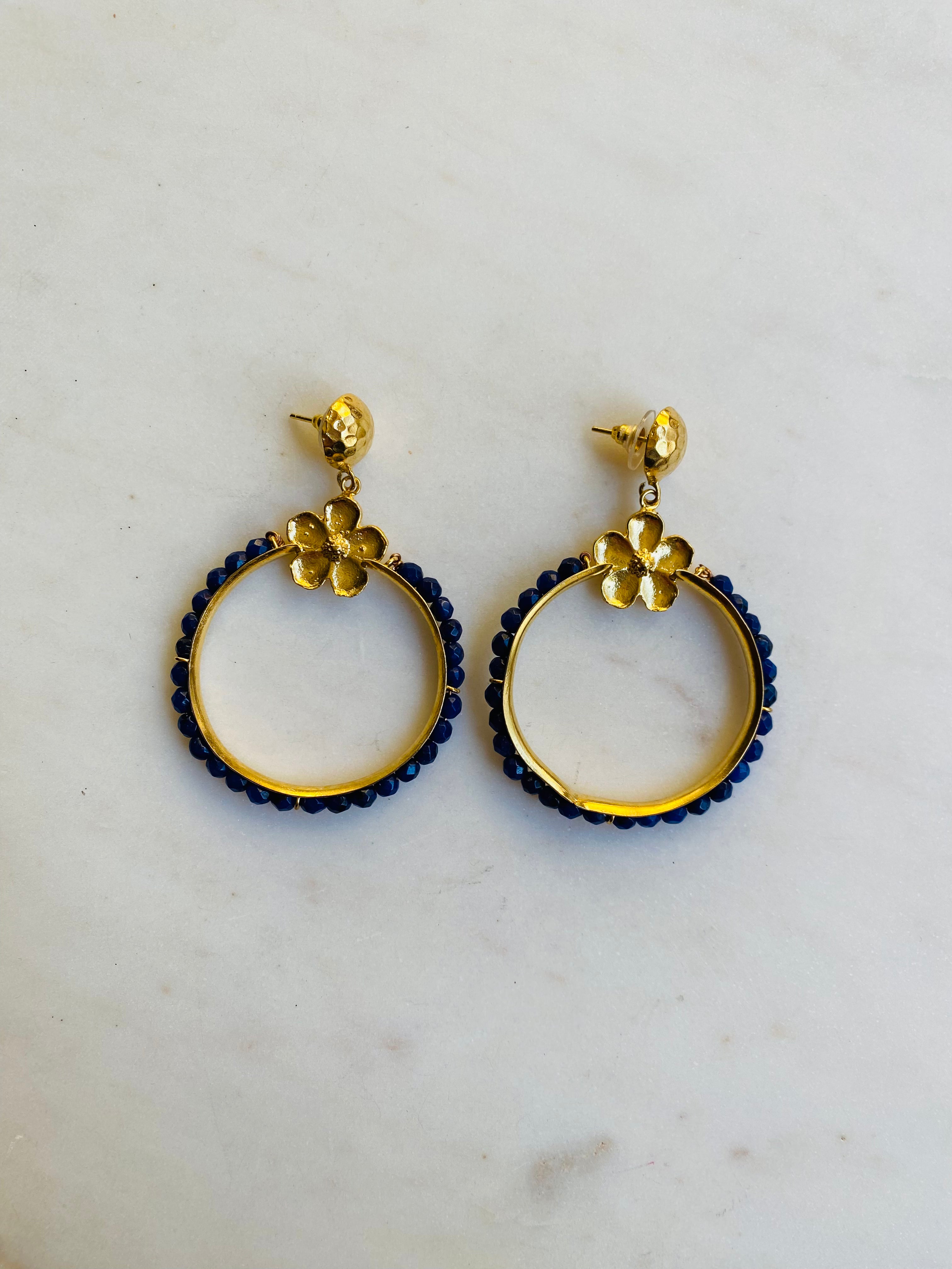 dark blue beaded hoop earrings