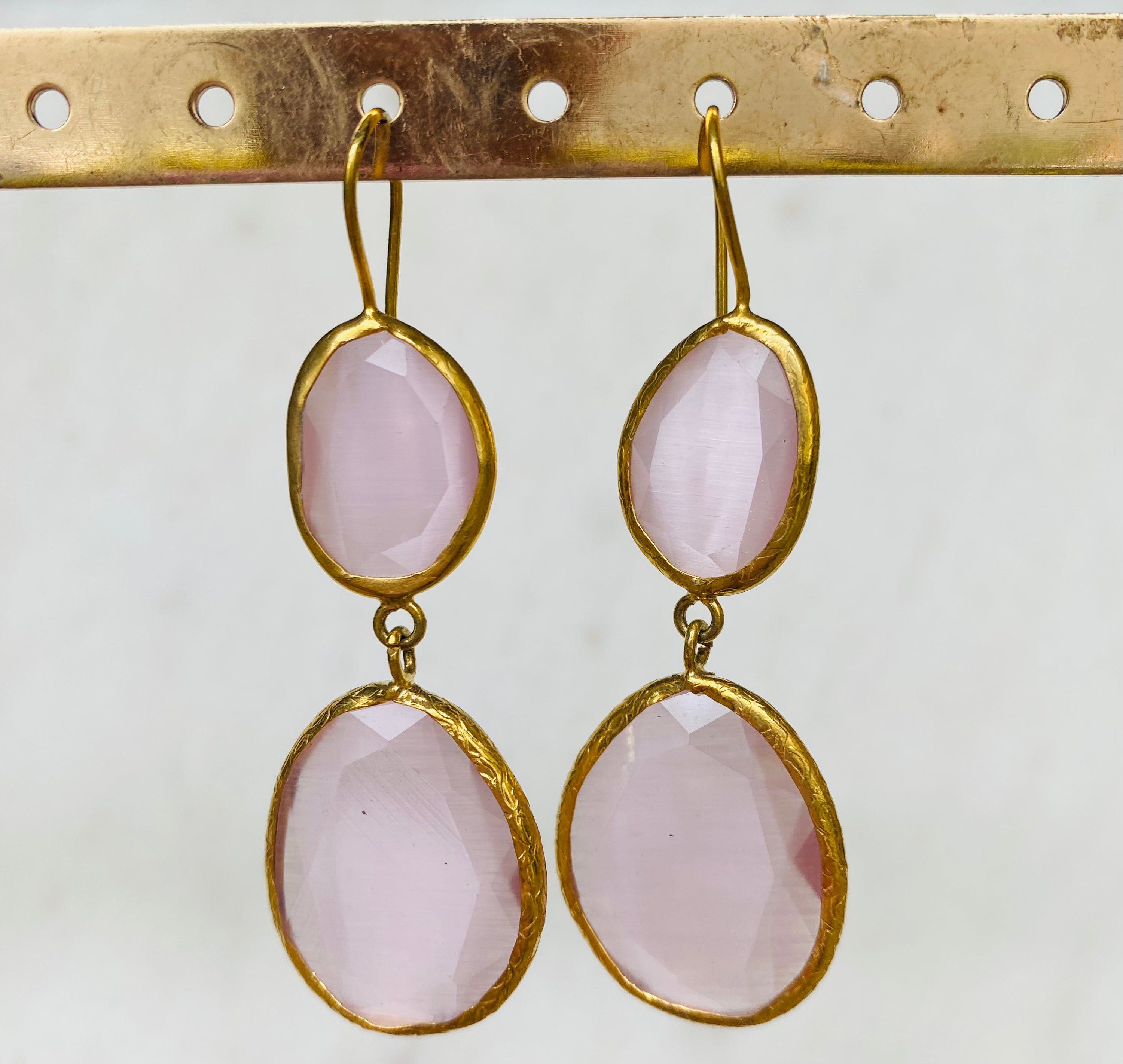 baby pink double stone drop earrings