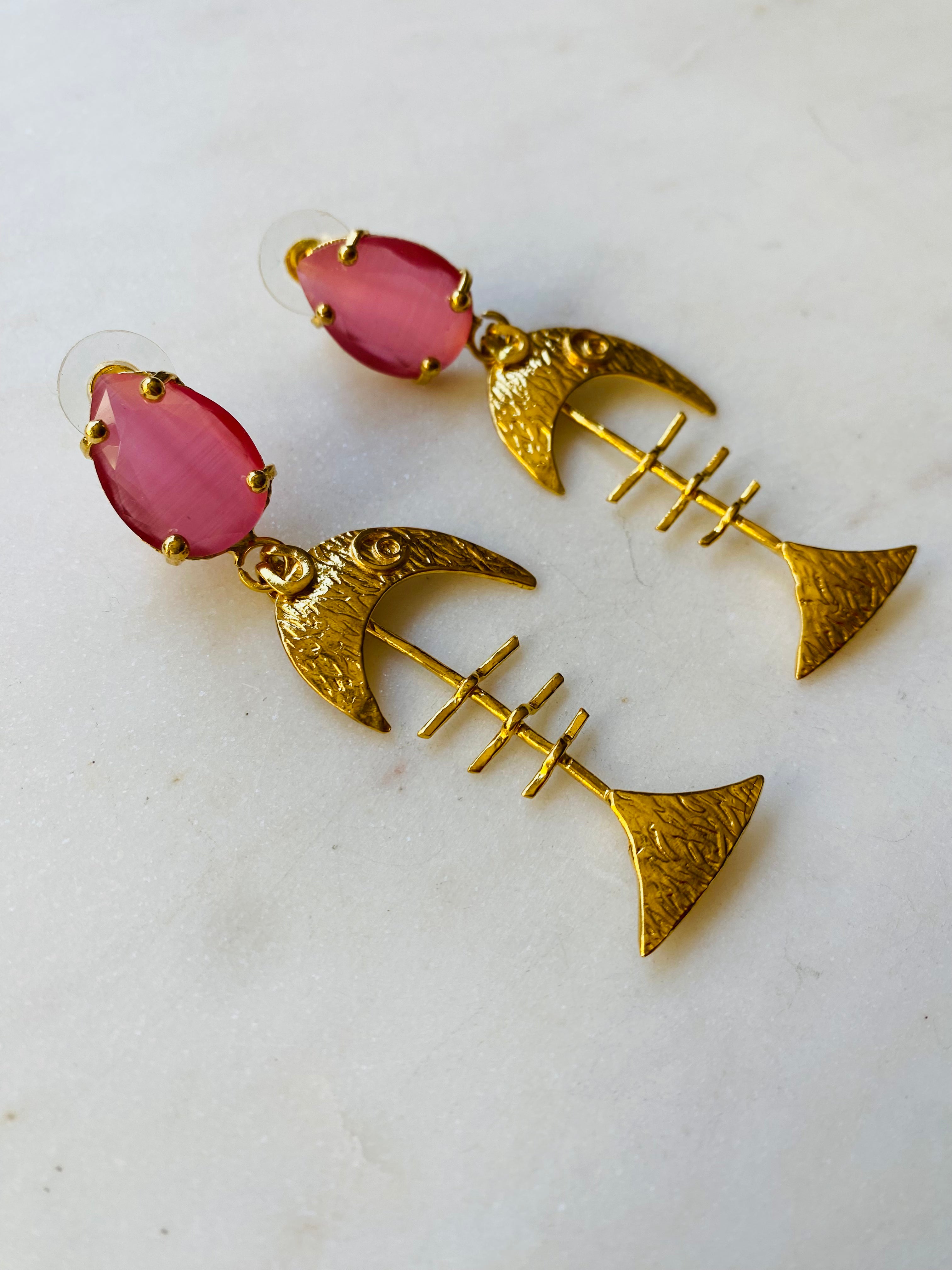 pink fish bone earrings