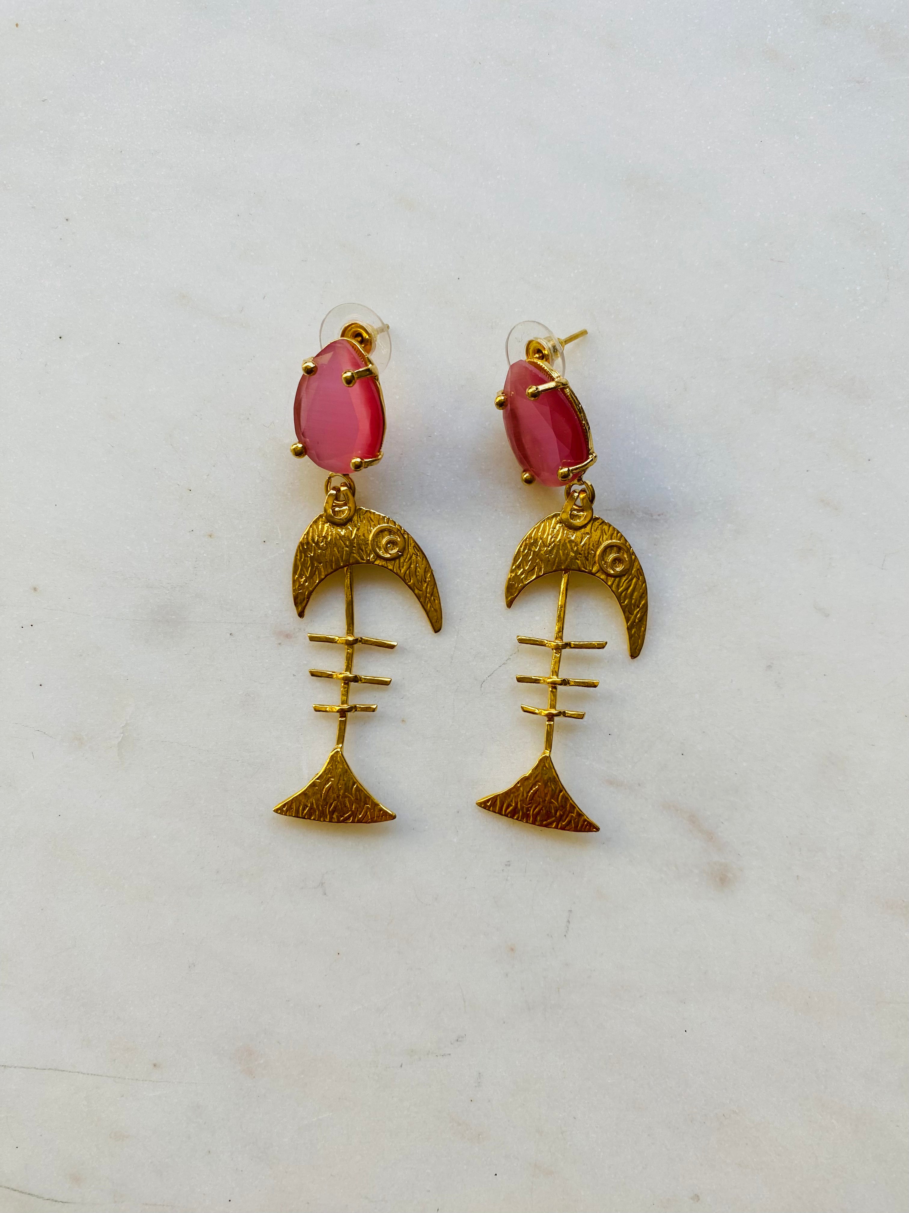 pink fish bone earrings
