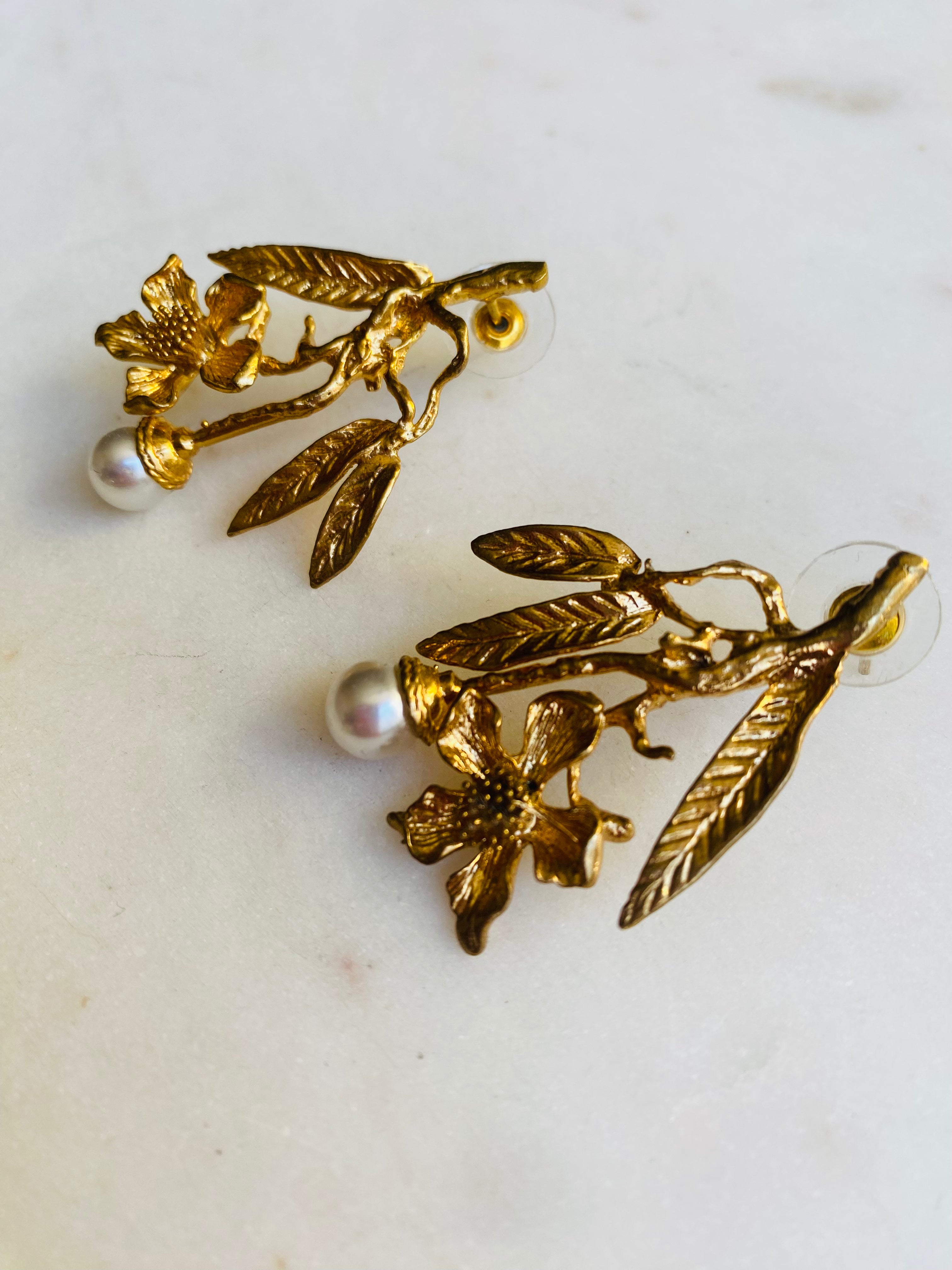 gold branch pearl earrings