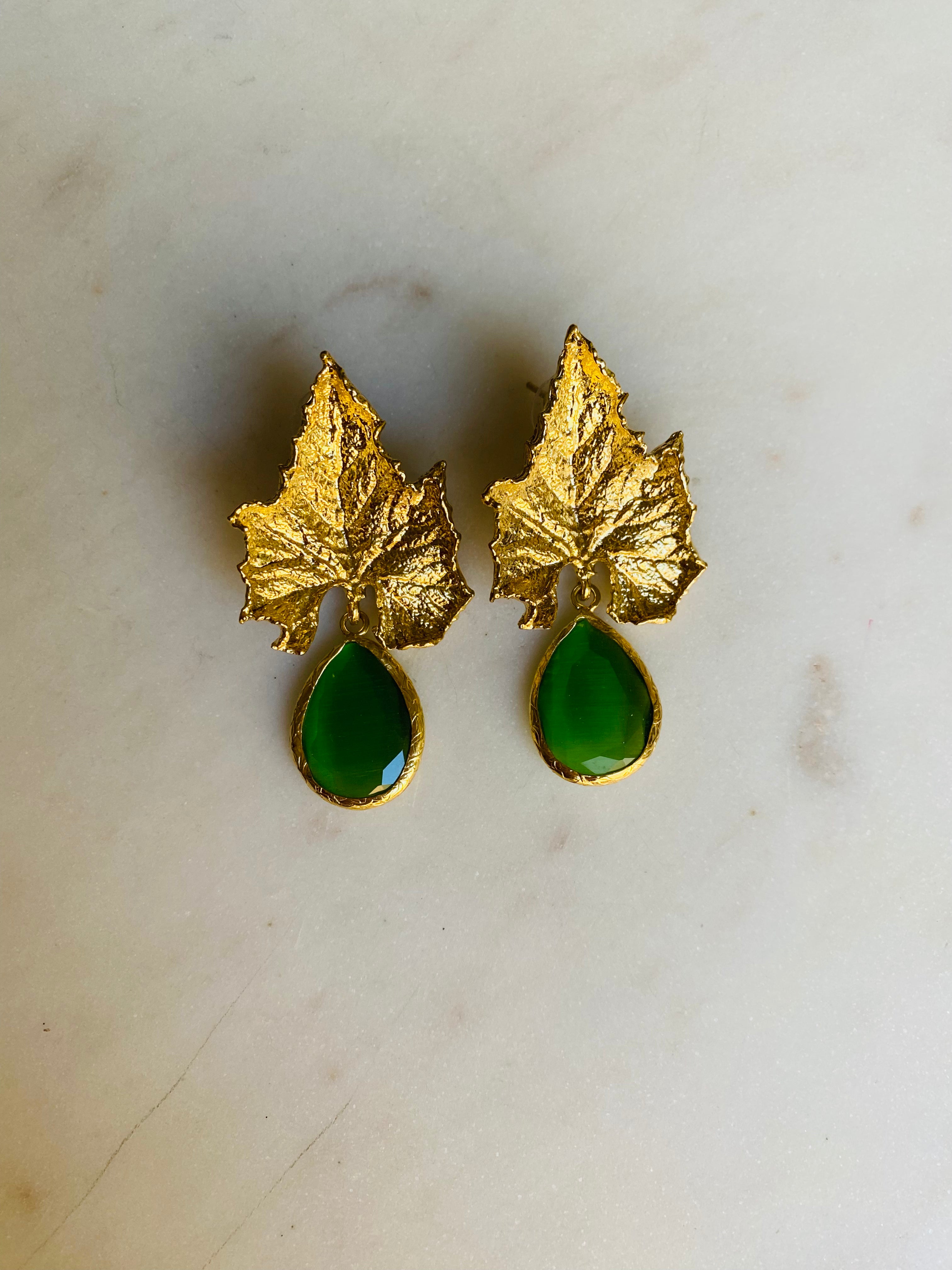 gold textured leaf green drop earrings
