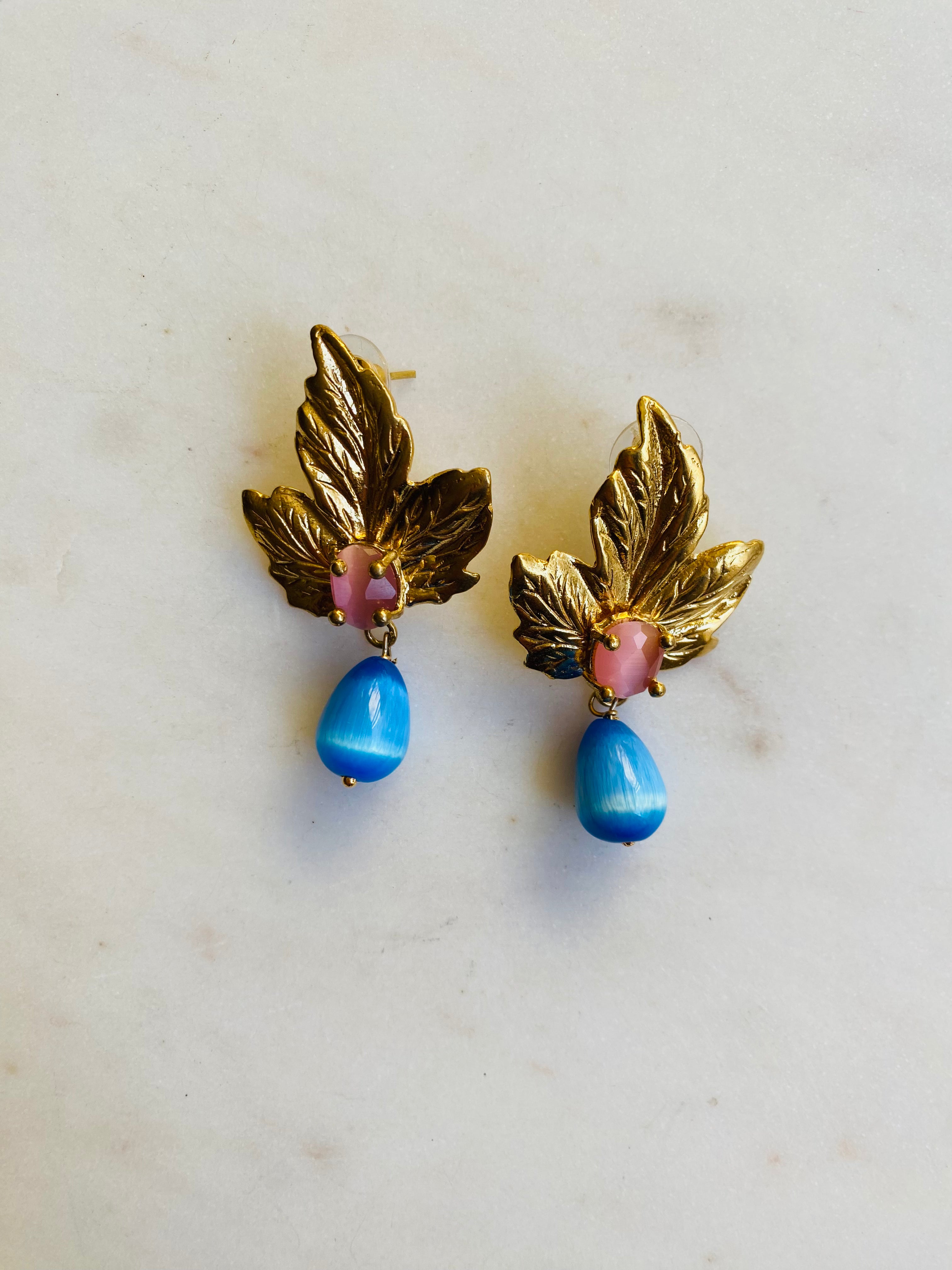 gemstone leaf drop earrings