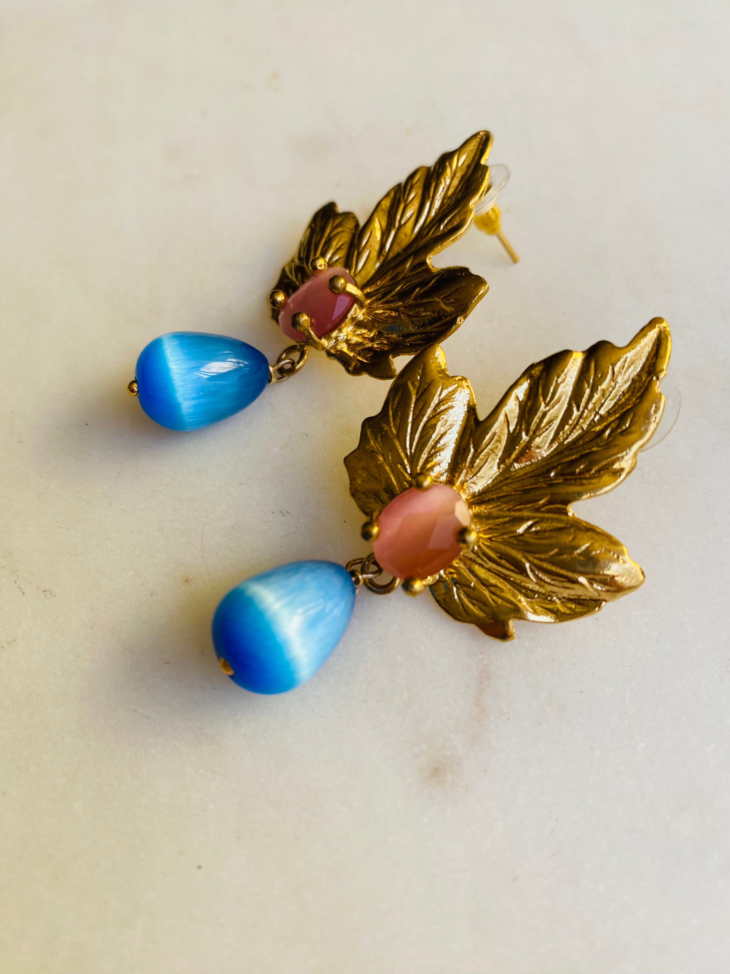 gemstone leaf drop earrings