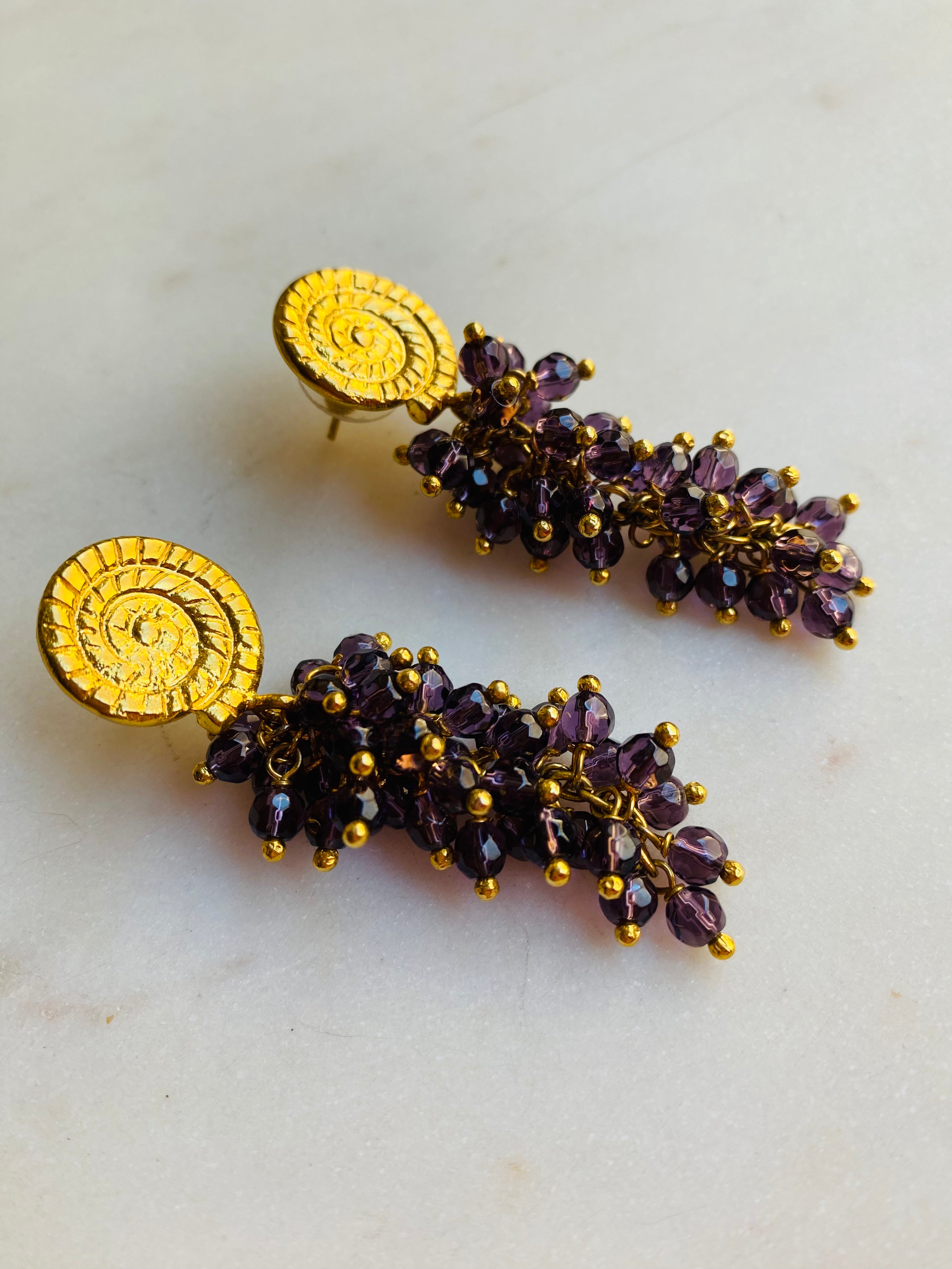 gold stud dark purple grape earrings