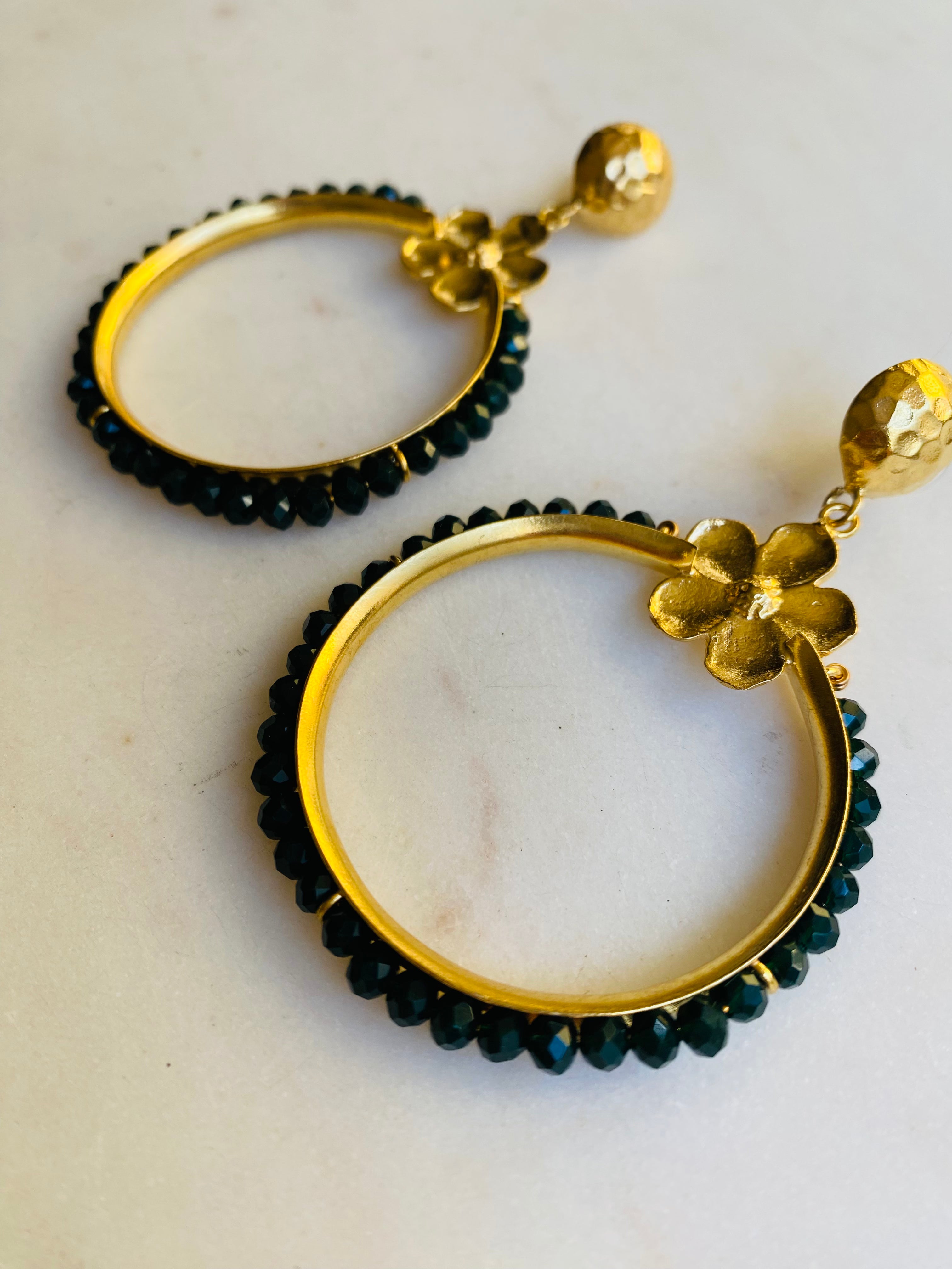 dark green beaded hoop earrings
