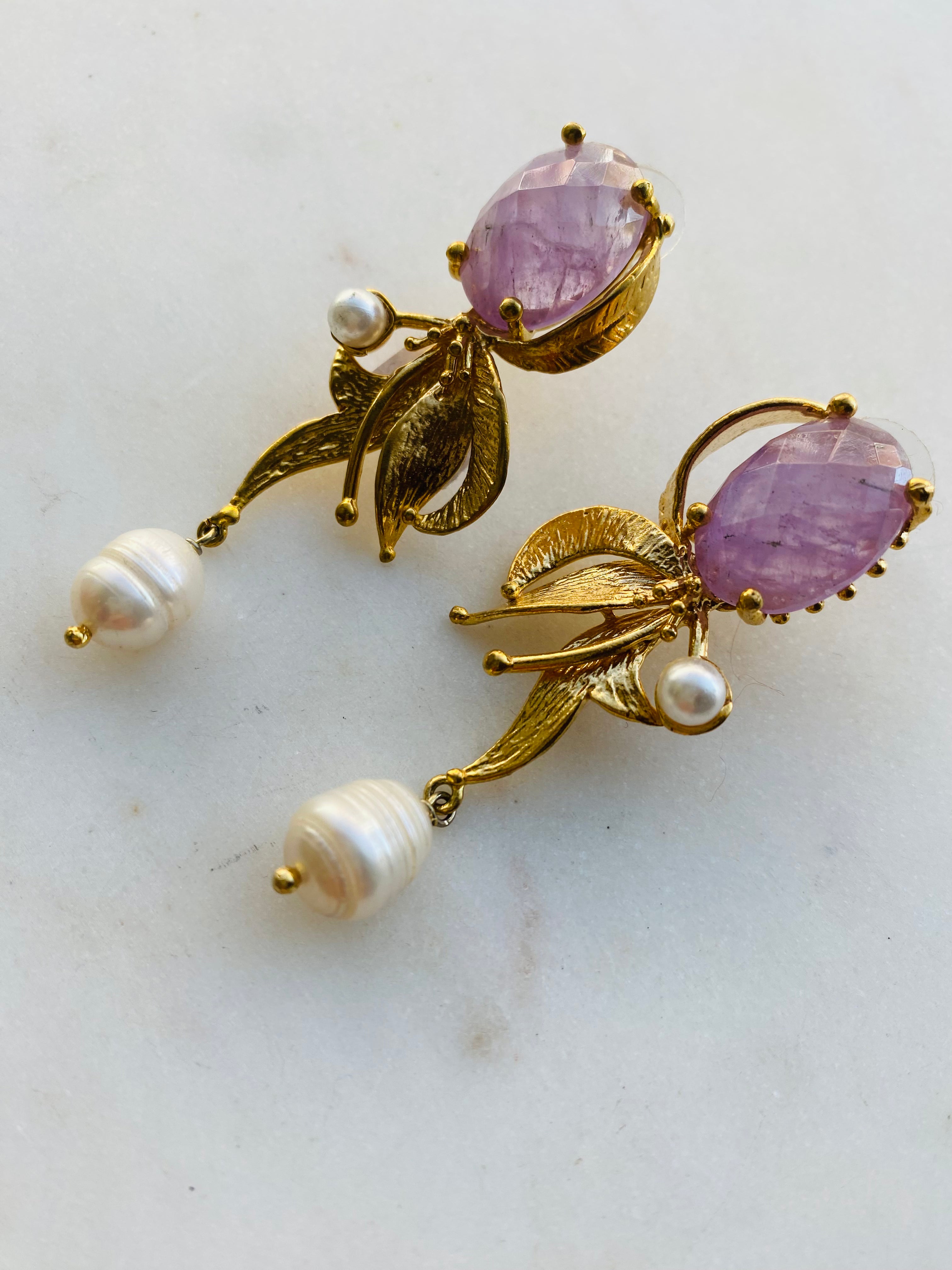 lilac gemstone golden design earrings