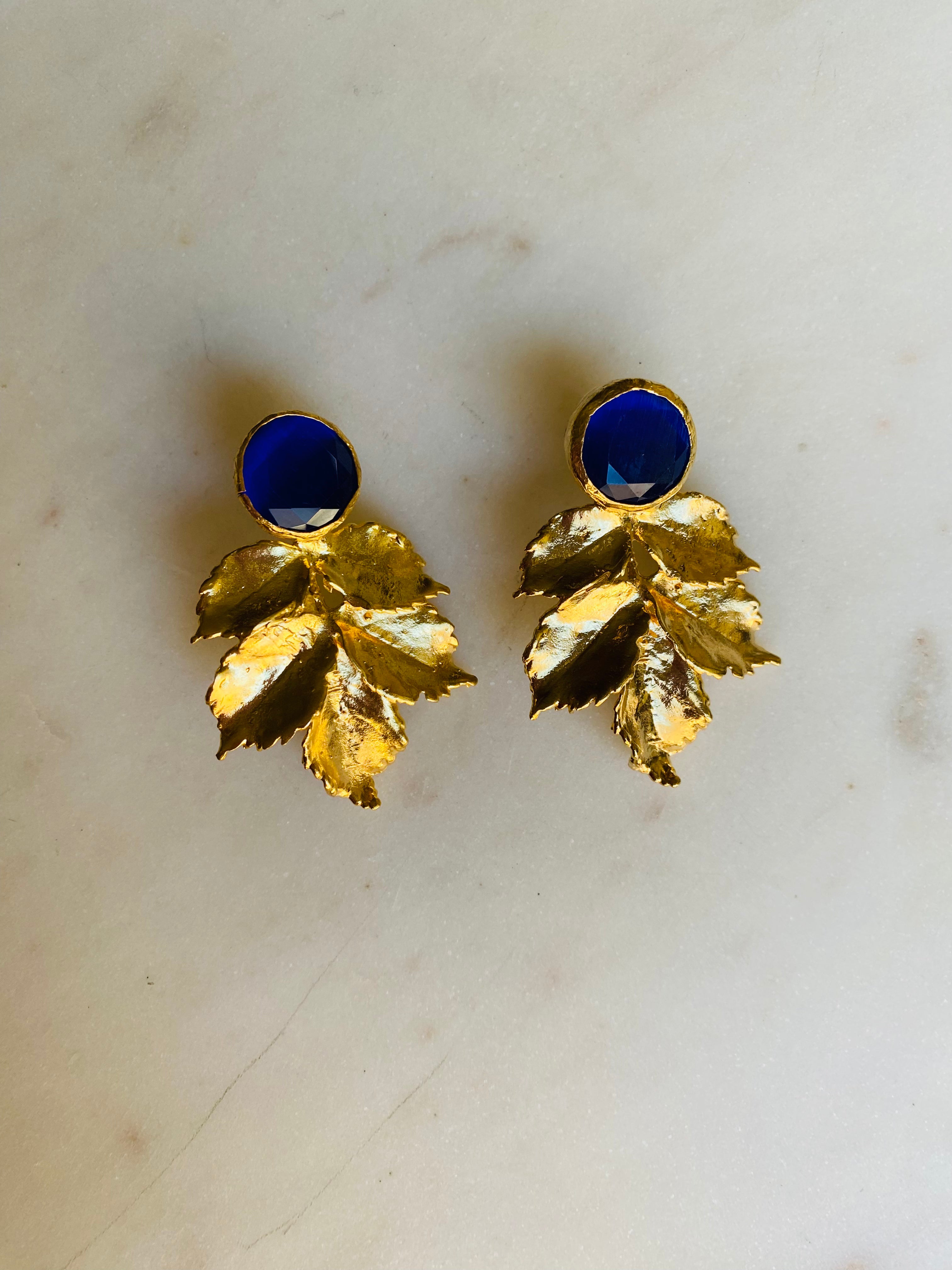 night blue gemstone gold leaf earrings