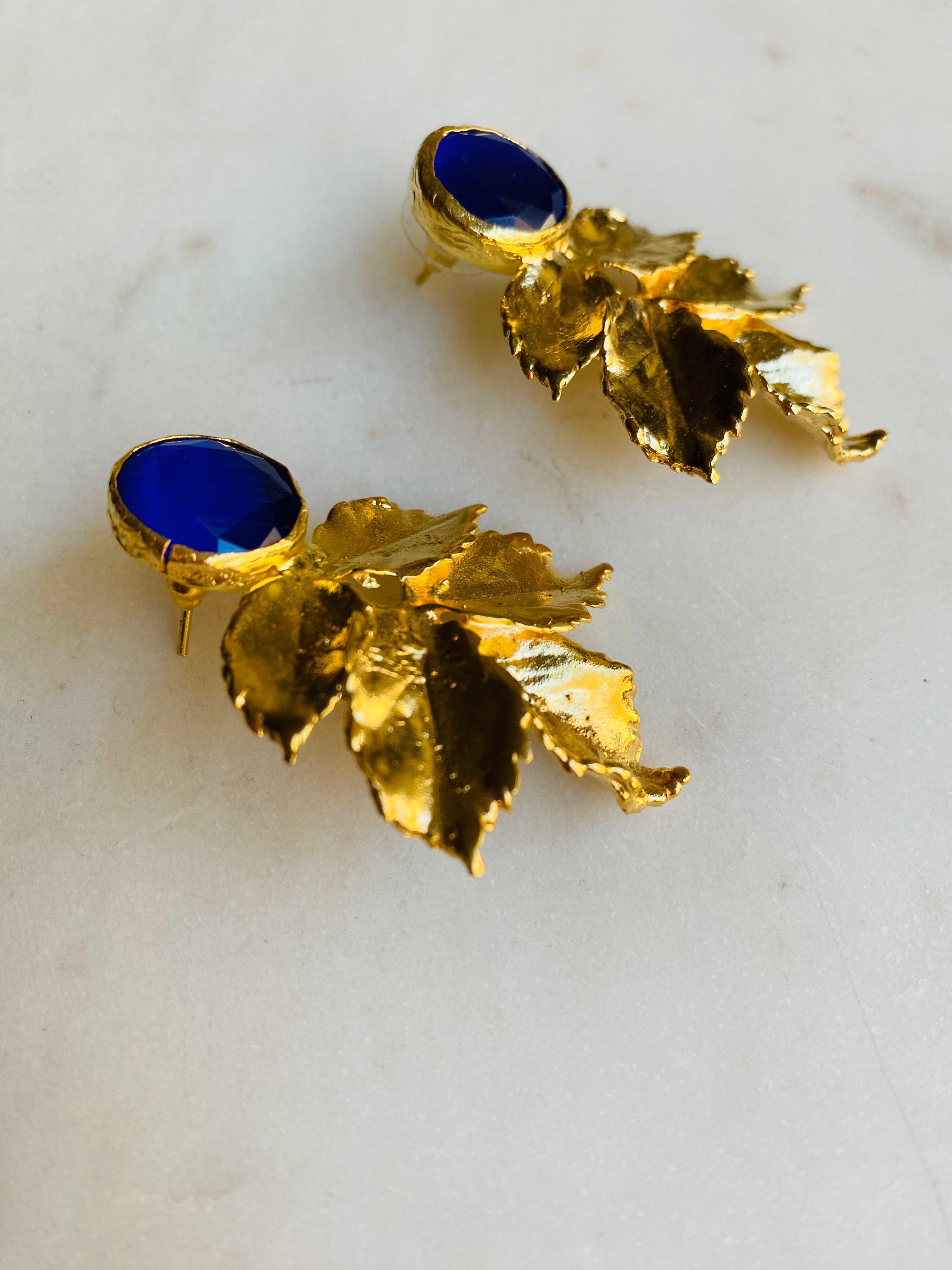 night blue gemstone gold leaf earrings