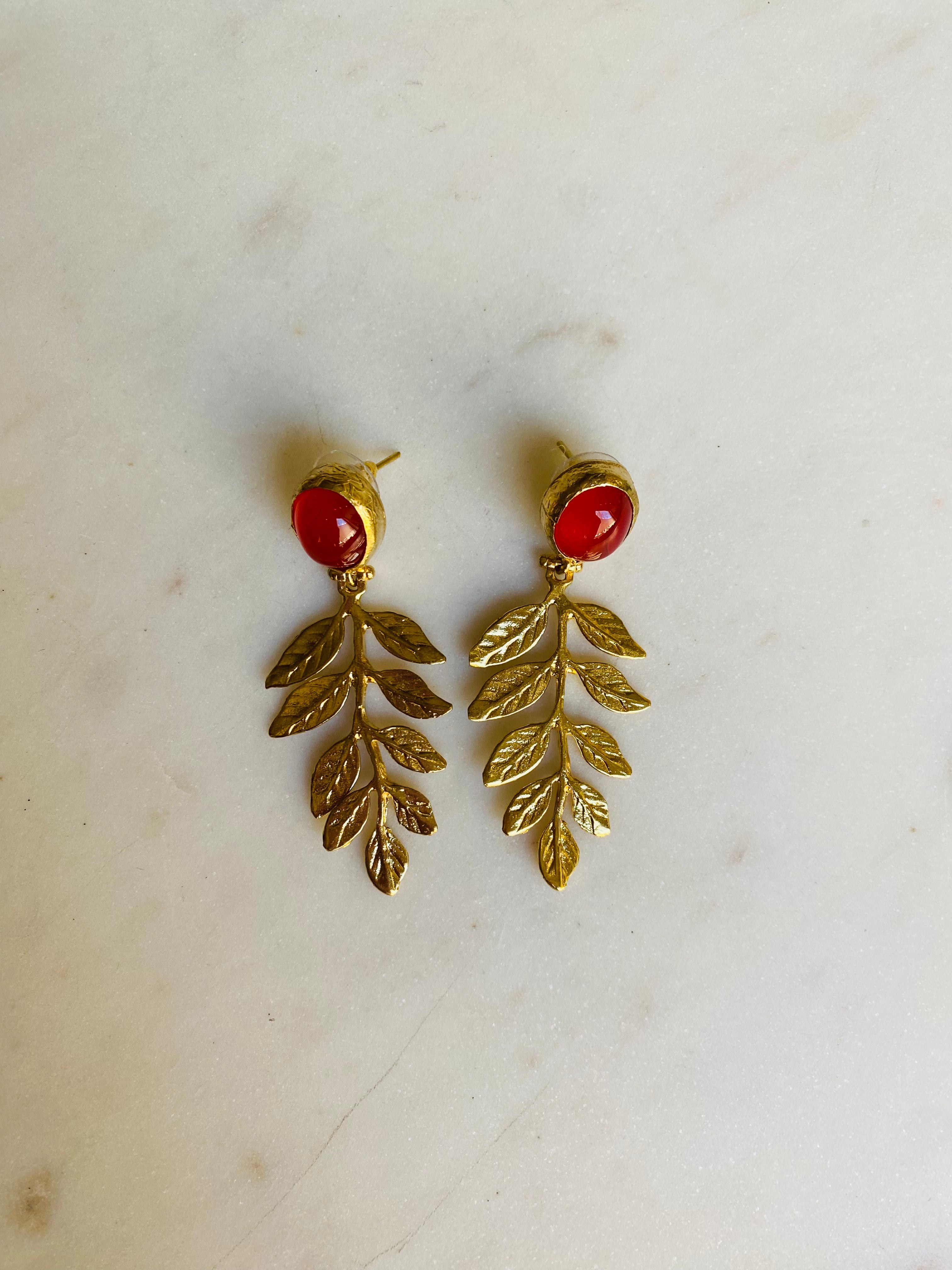 orange gemstone gold leaf earrings