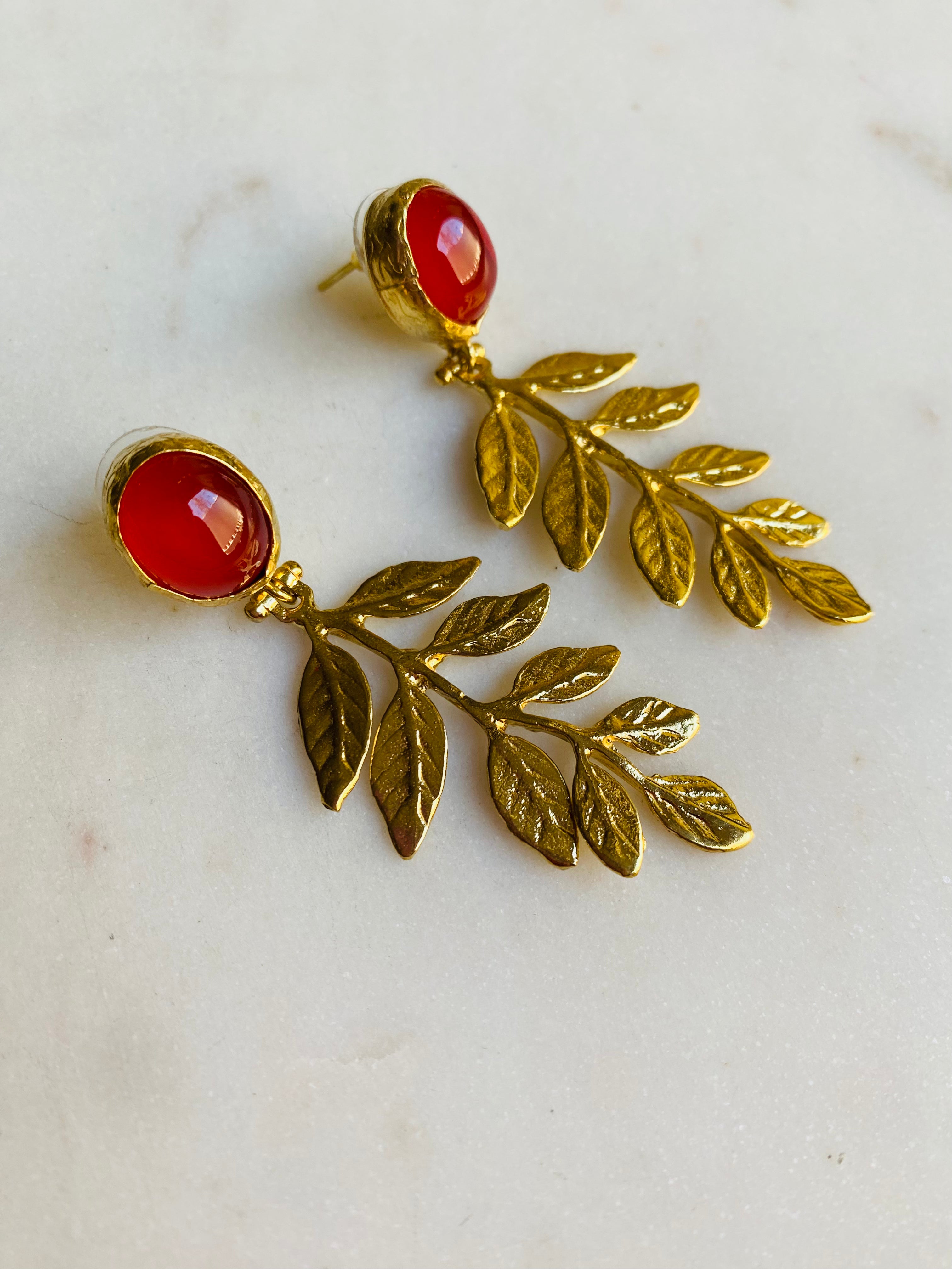 orange gemstone gold leaf earrings