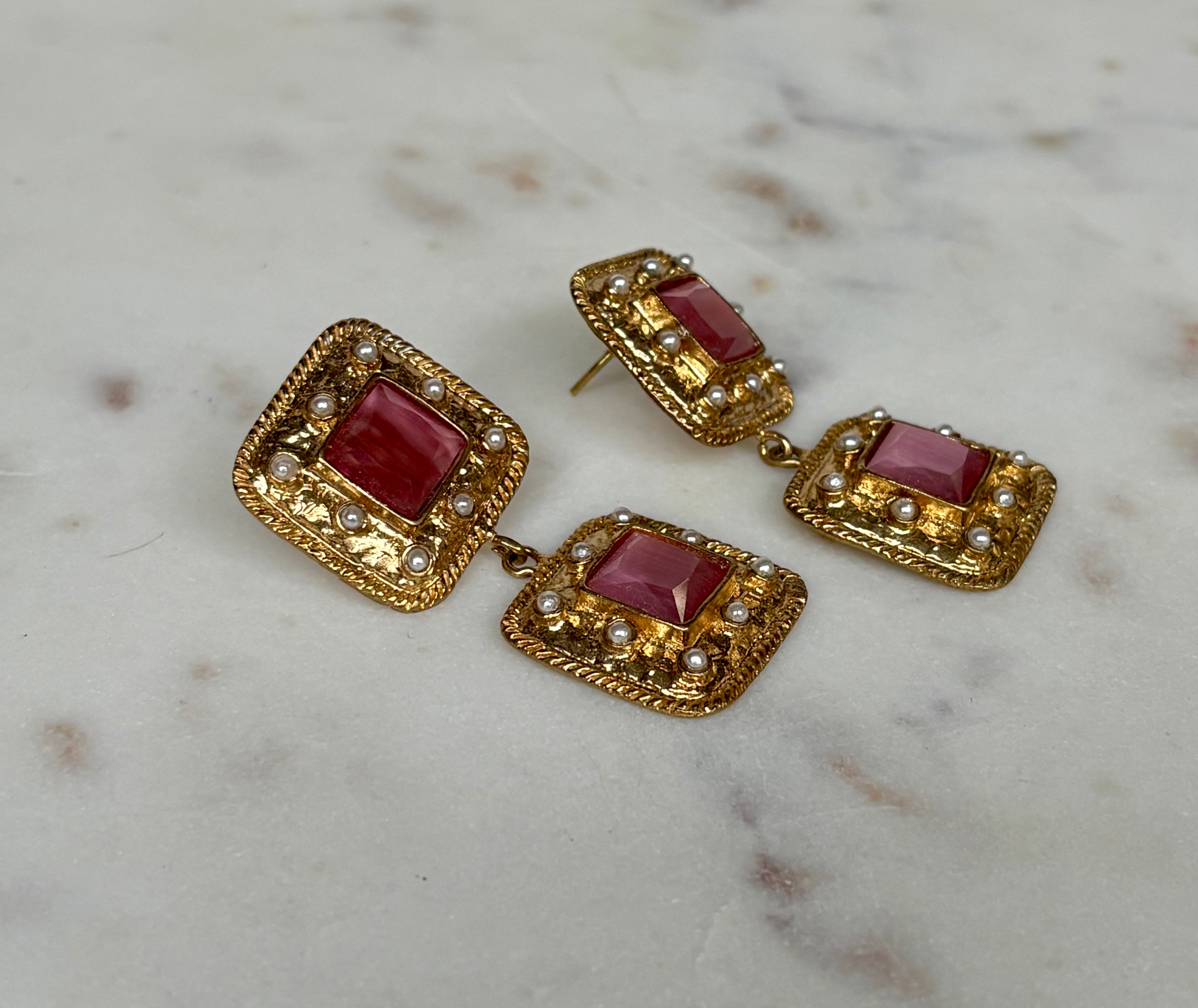 gold statement earrings with square pink gemstones