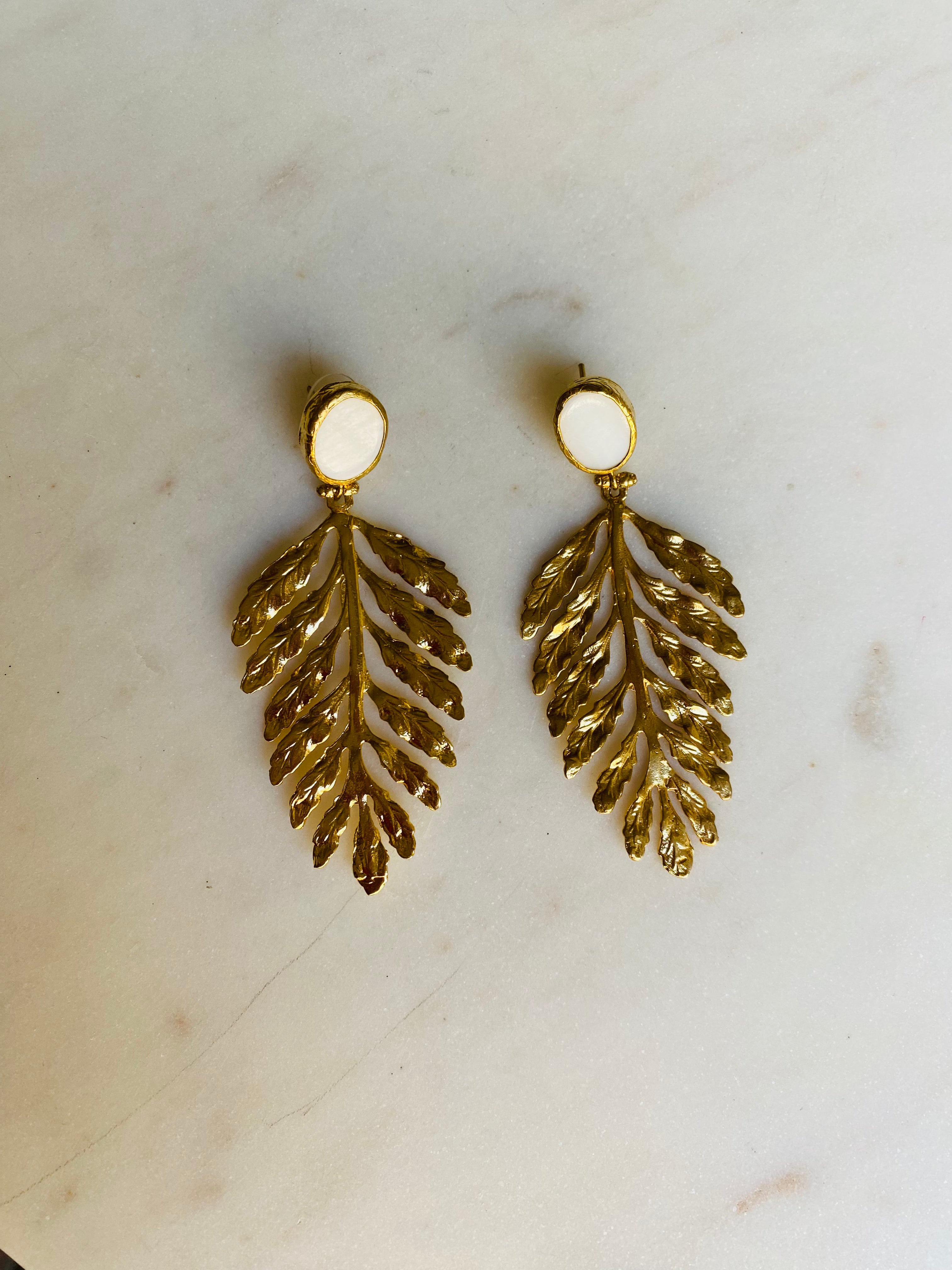 white stud gold leaf earrings