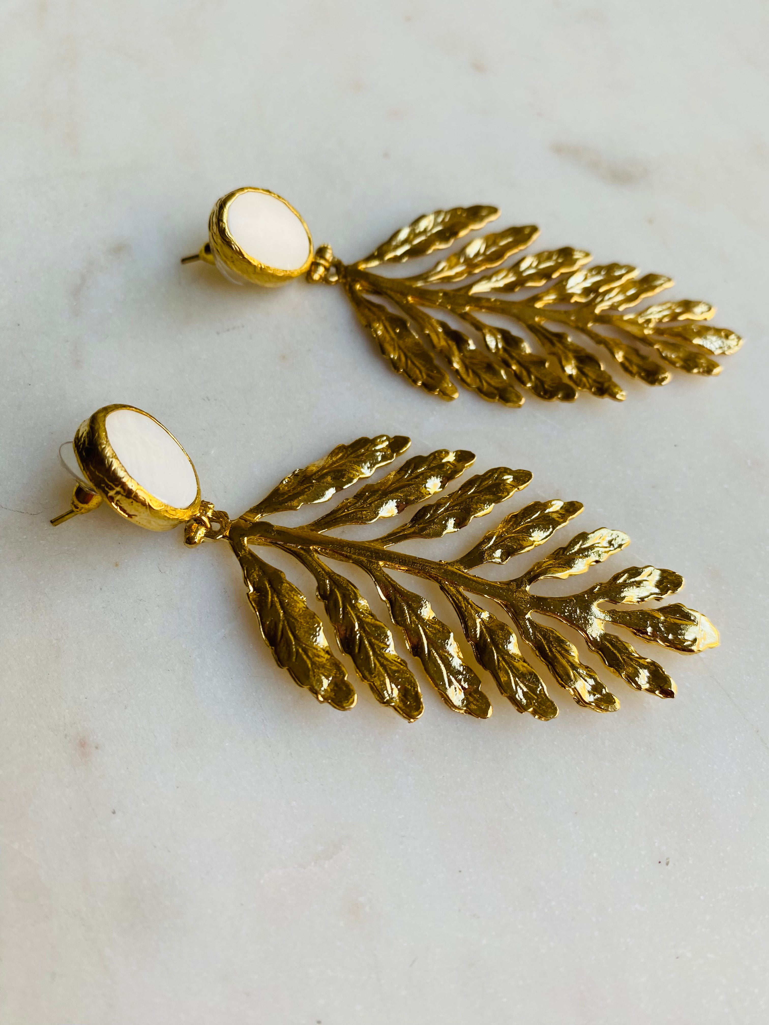 white stud gold leaf earrings