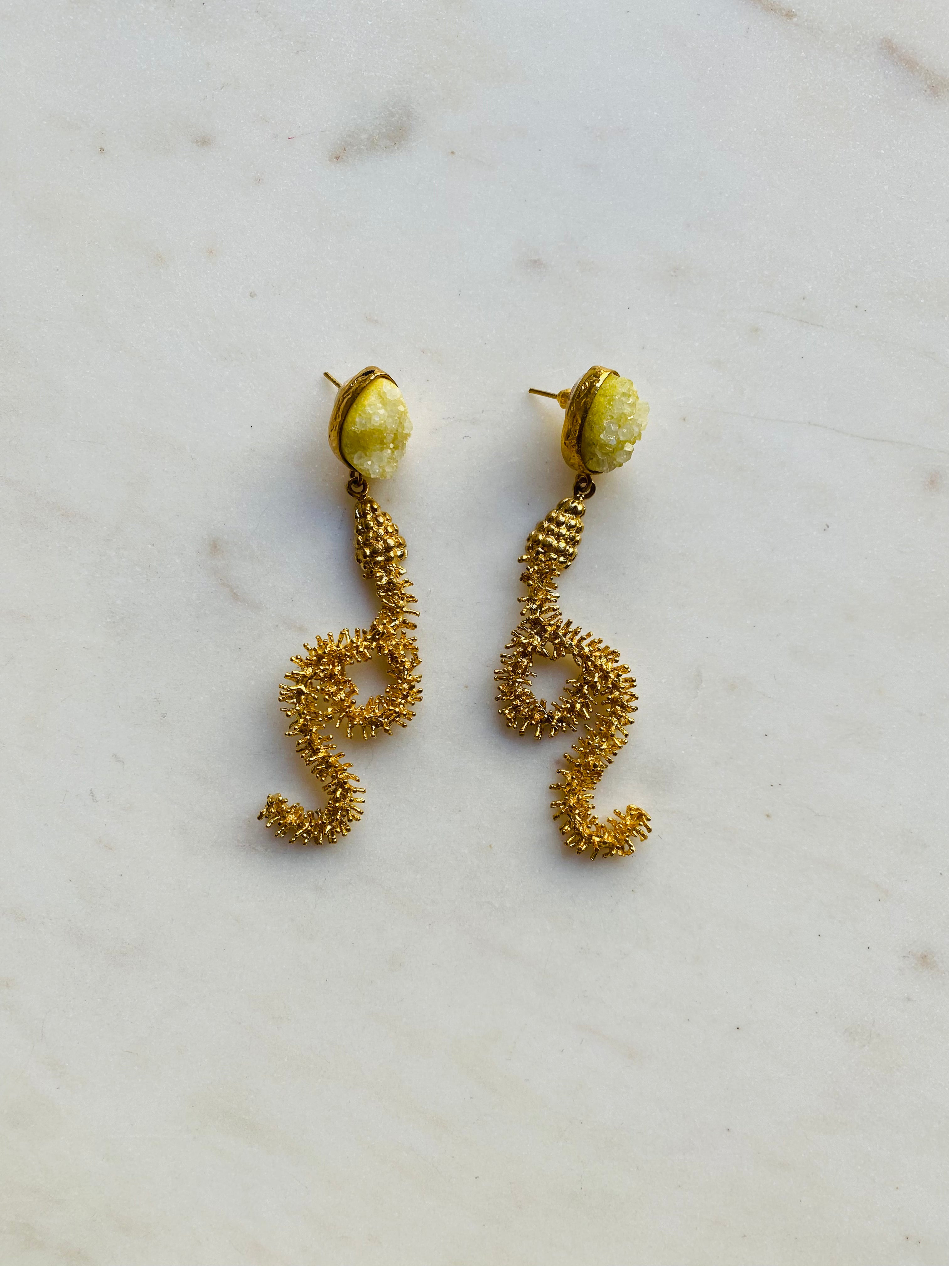 shimmering yellow druzy stud snake earrings