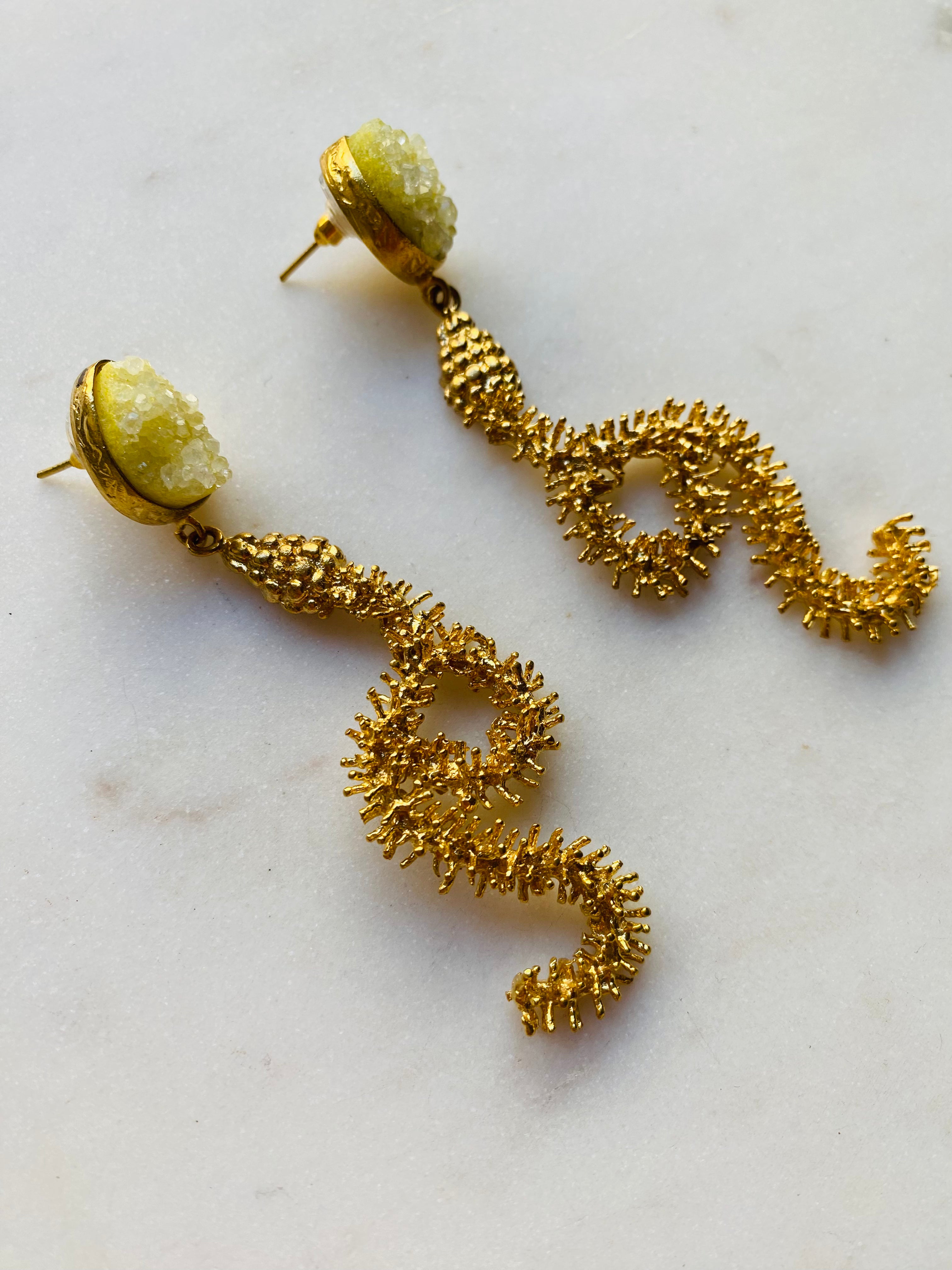 shimmering yellow druzy stud snake earrings