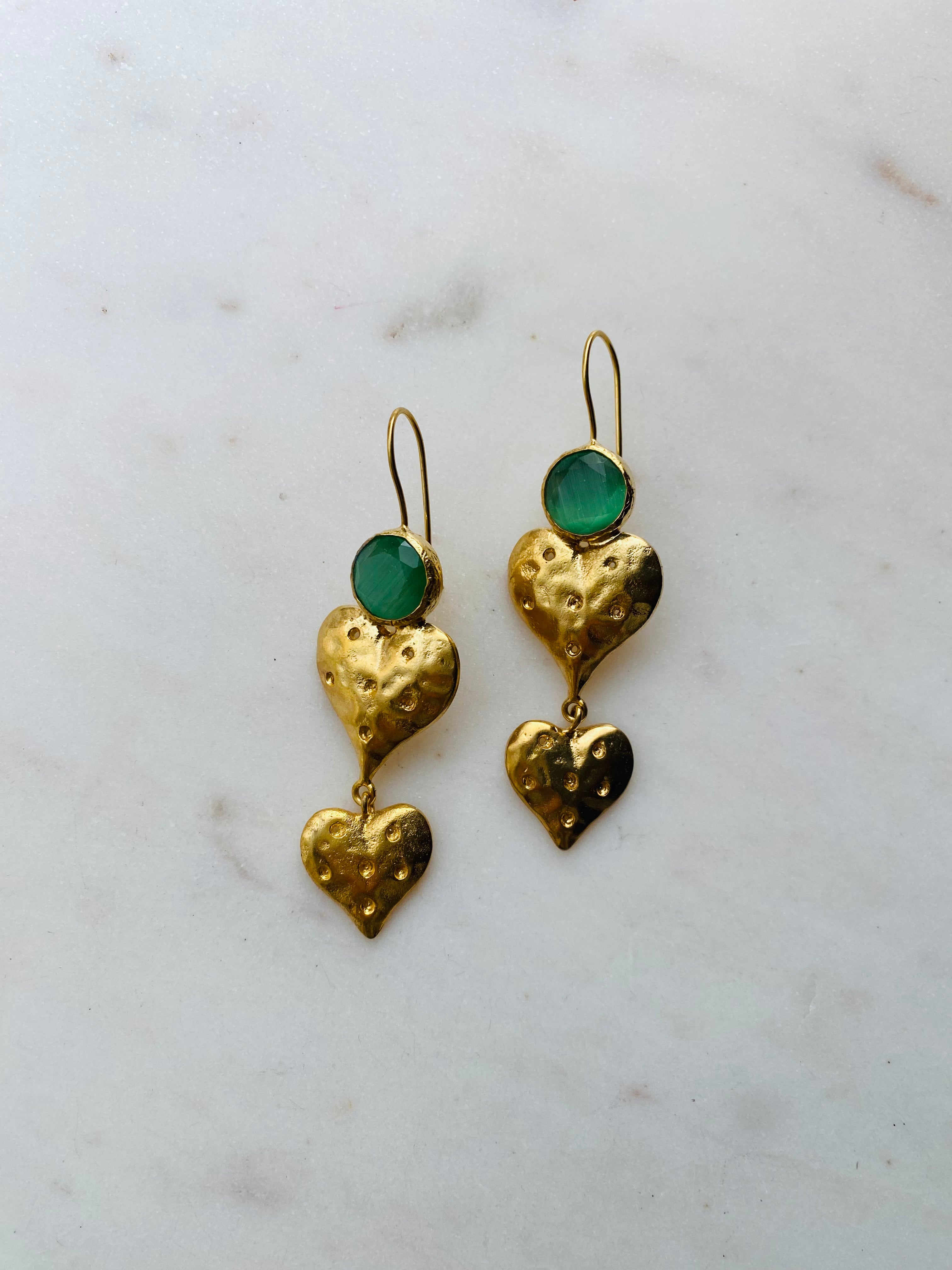 gemstone heart long drop earrings