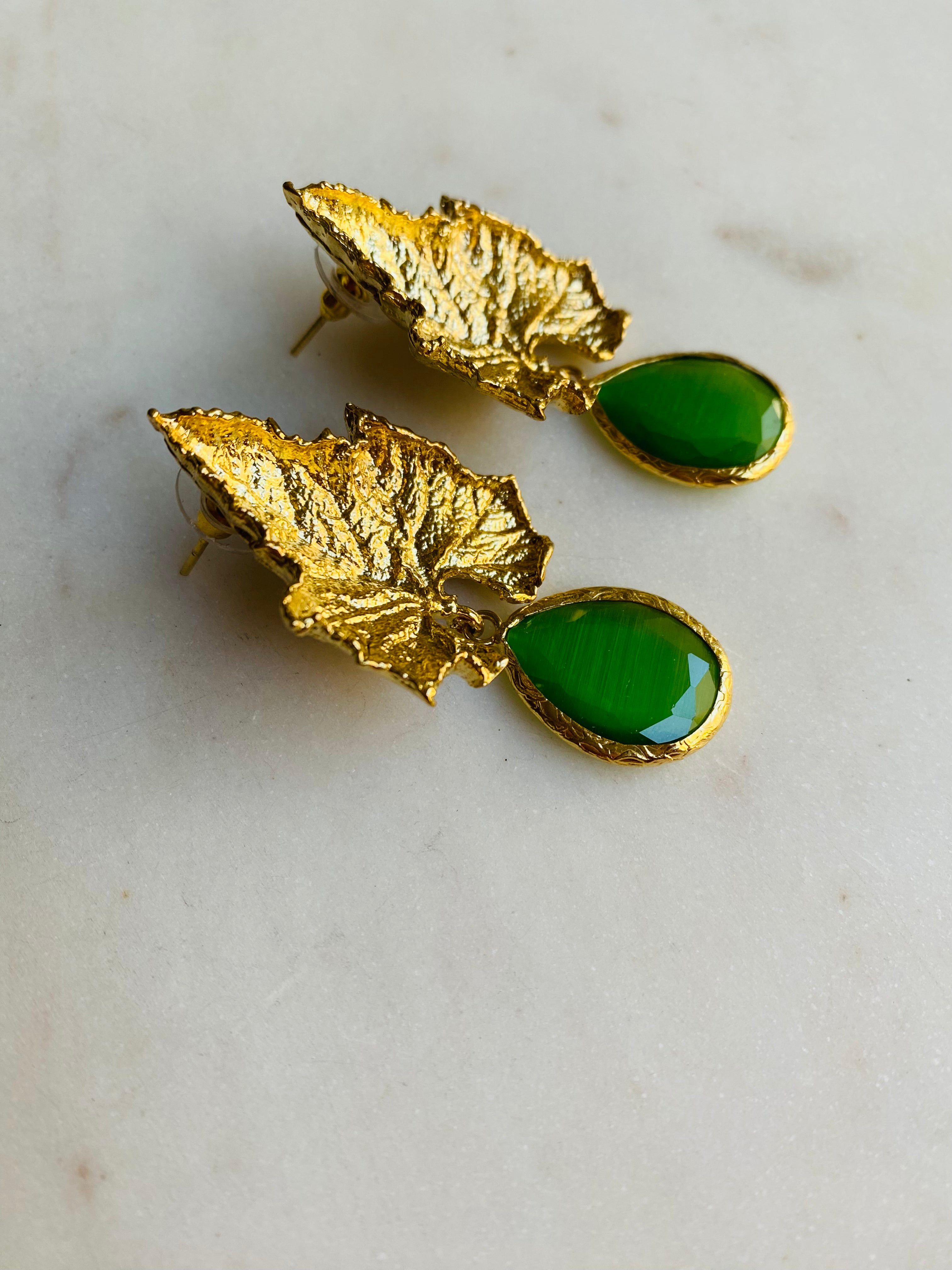 gold textured leaf green drop earrings