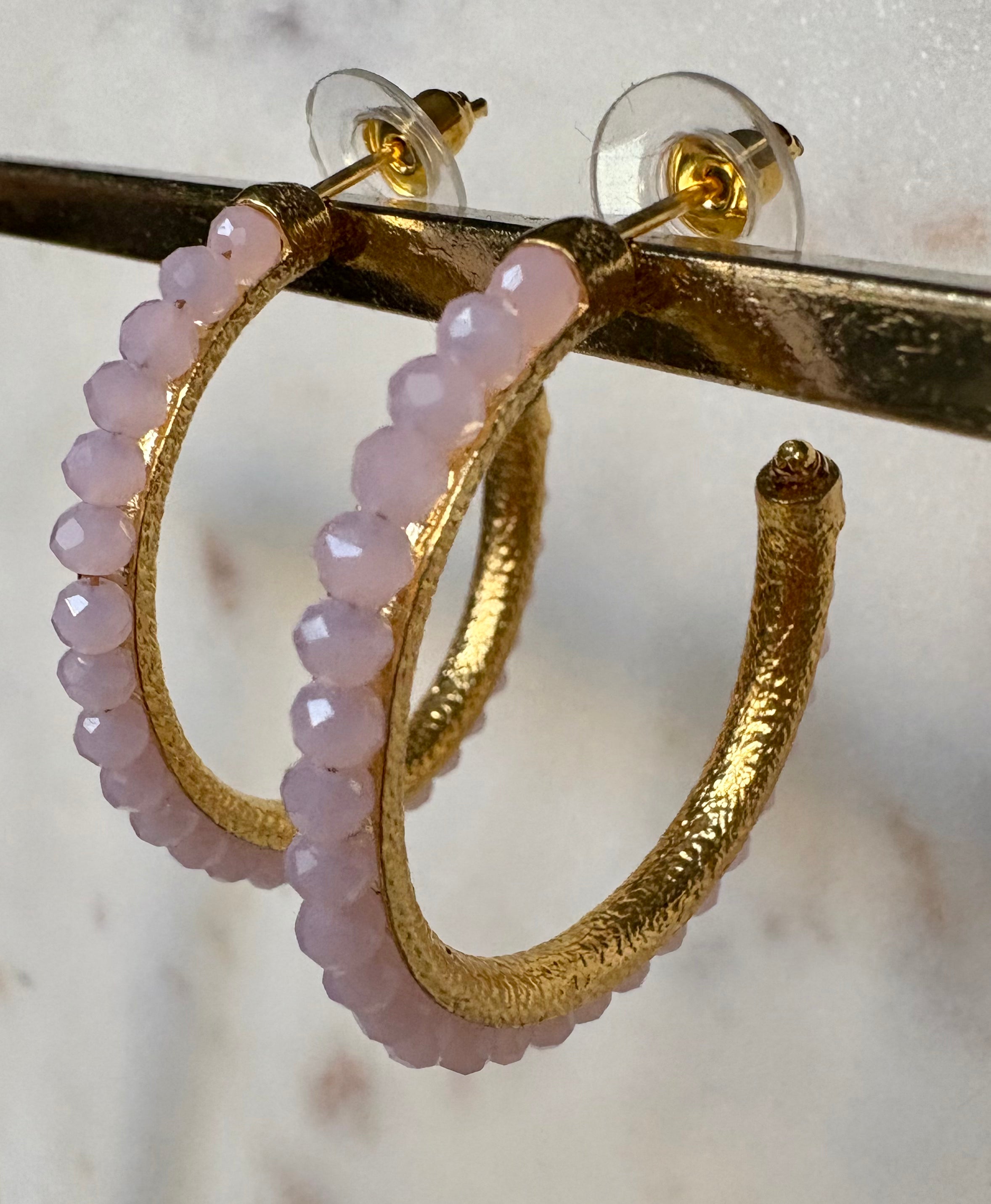 pink quartz bead hoop earrings