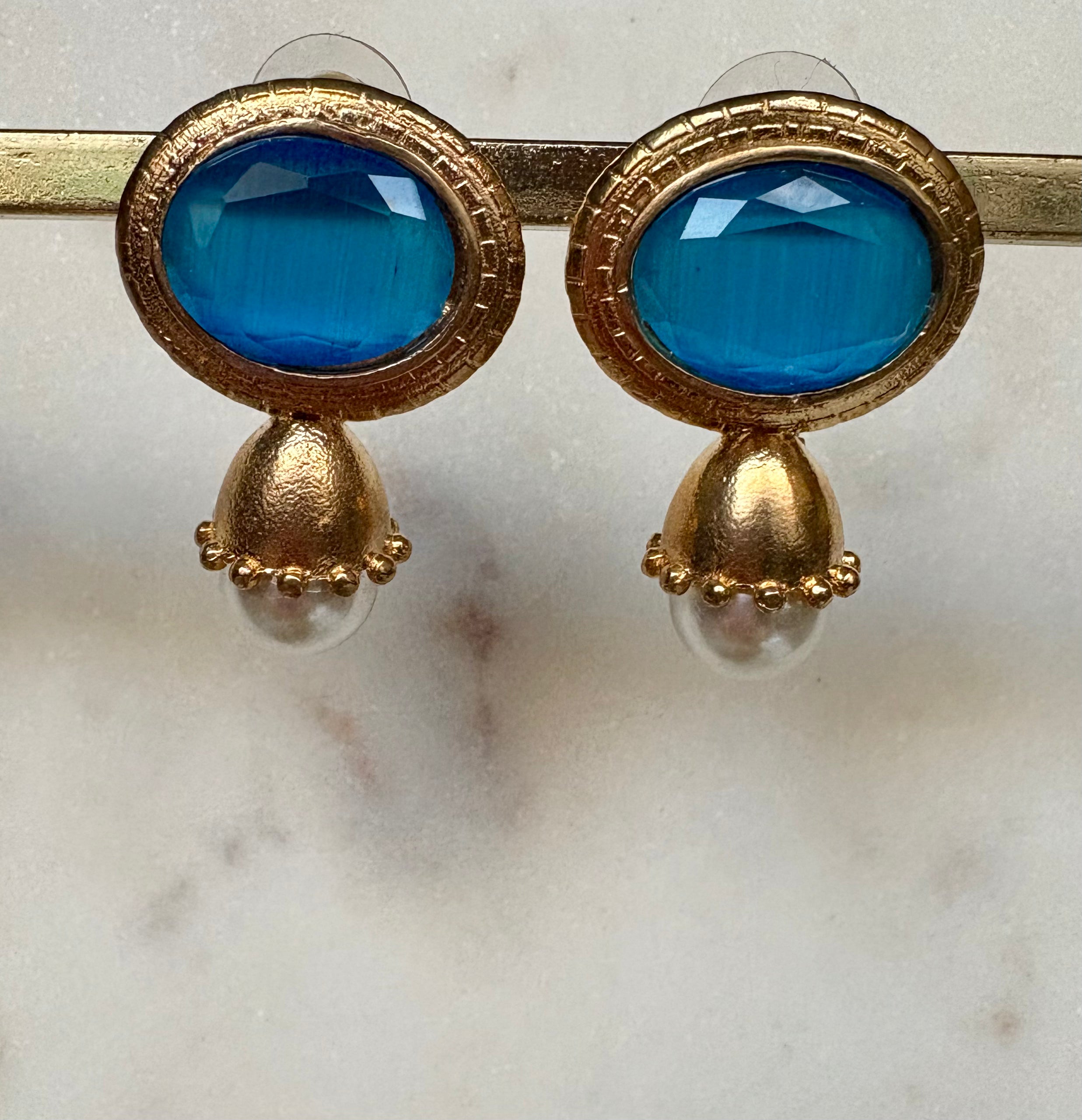 blue gemstone & pearl drop earrings