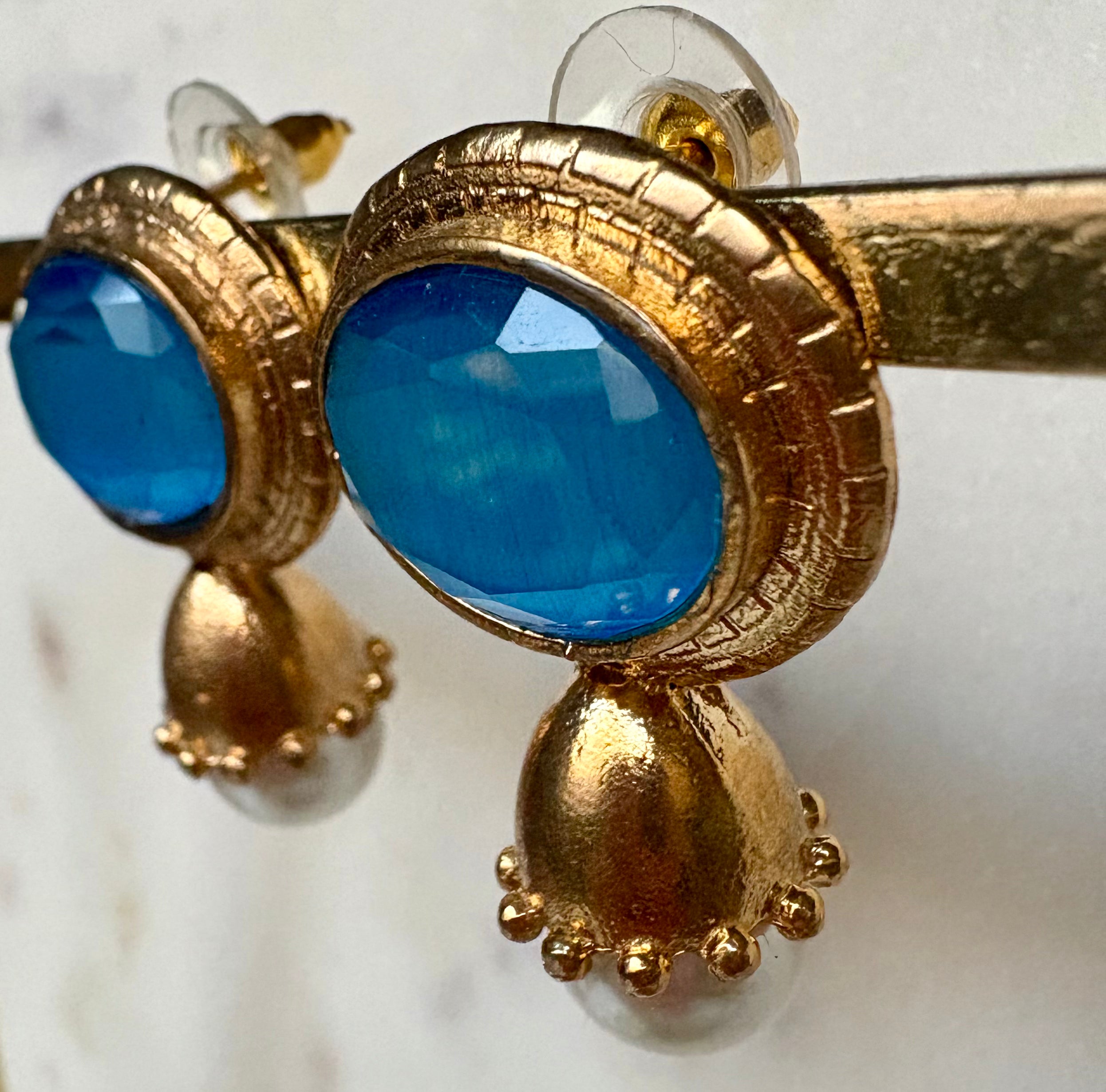 blue gemstone & pearl drop earrings