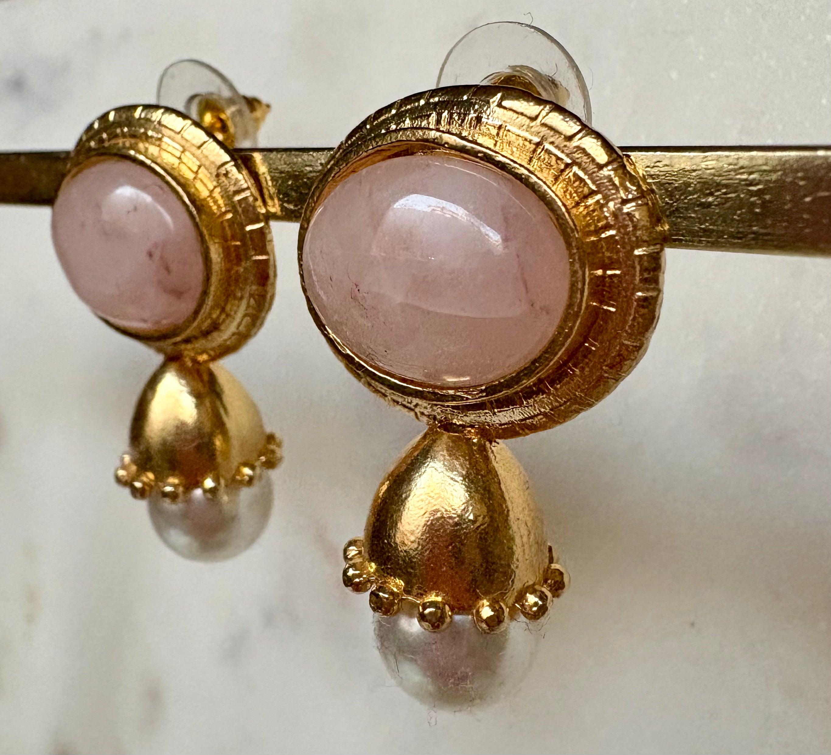 rose quartz & pearl stud drop earrings