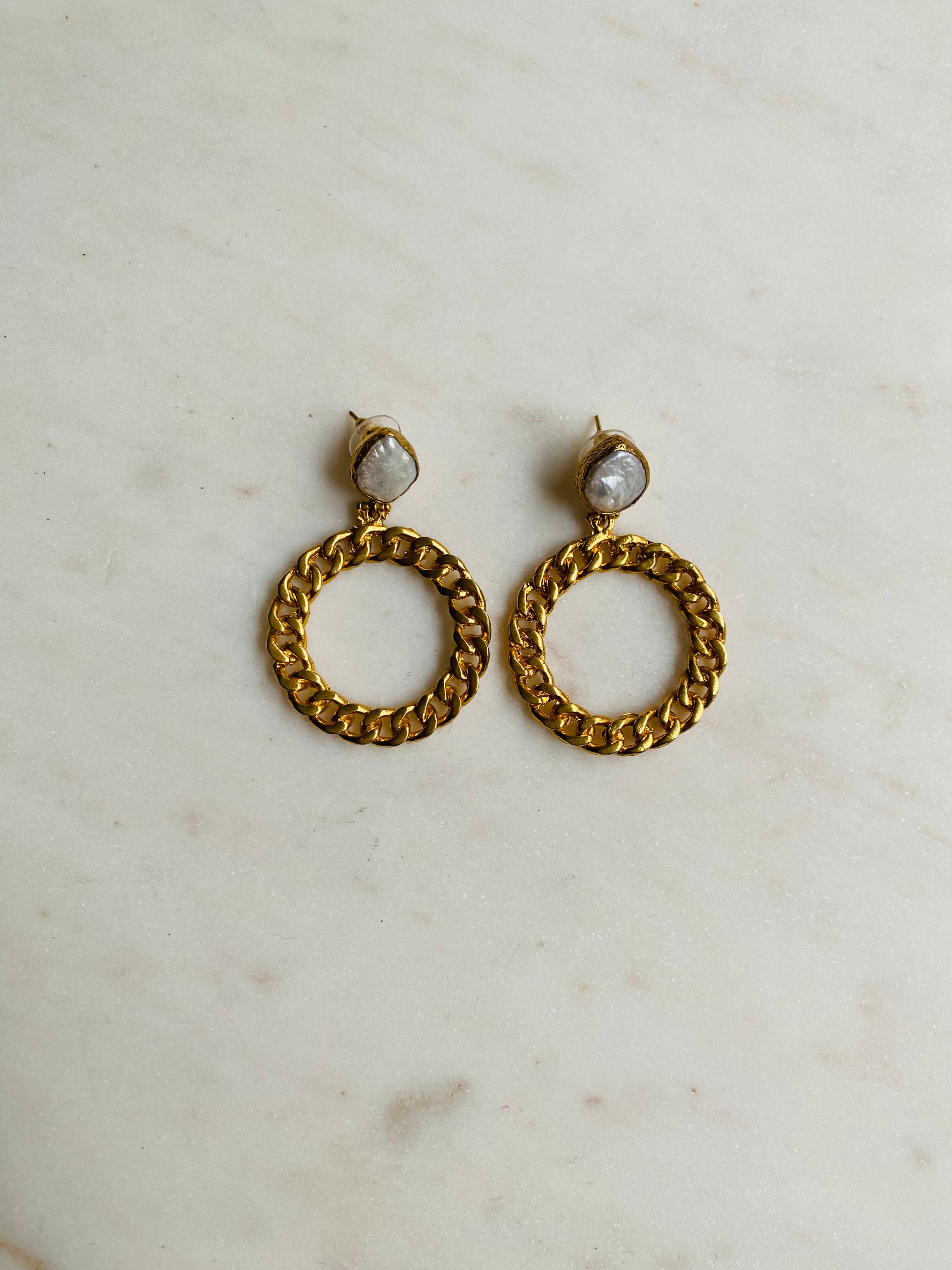 pearl chain hoop earrings