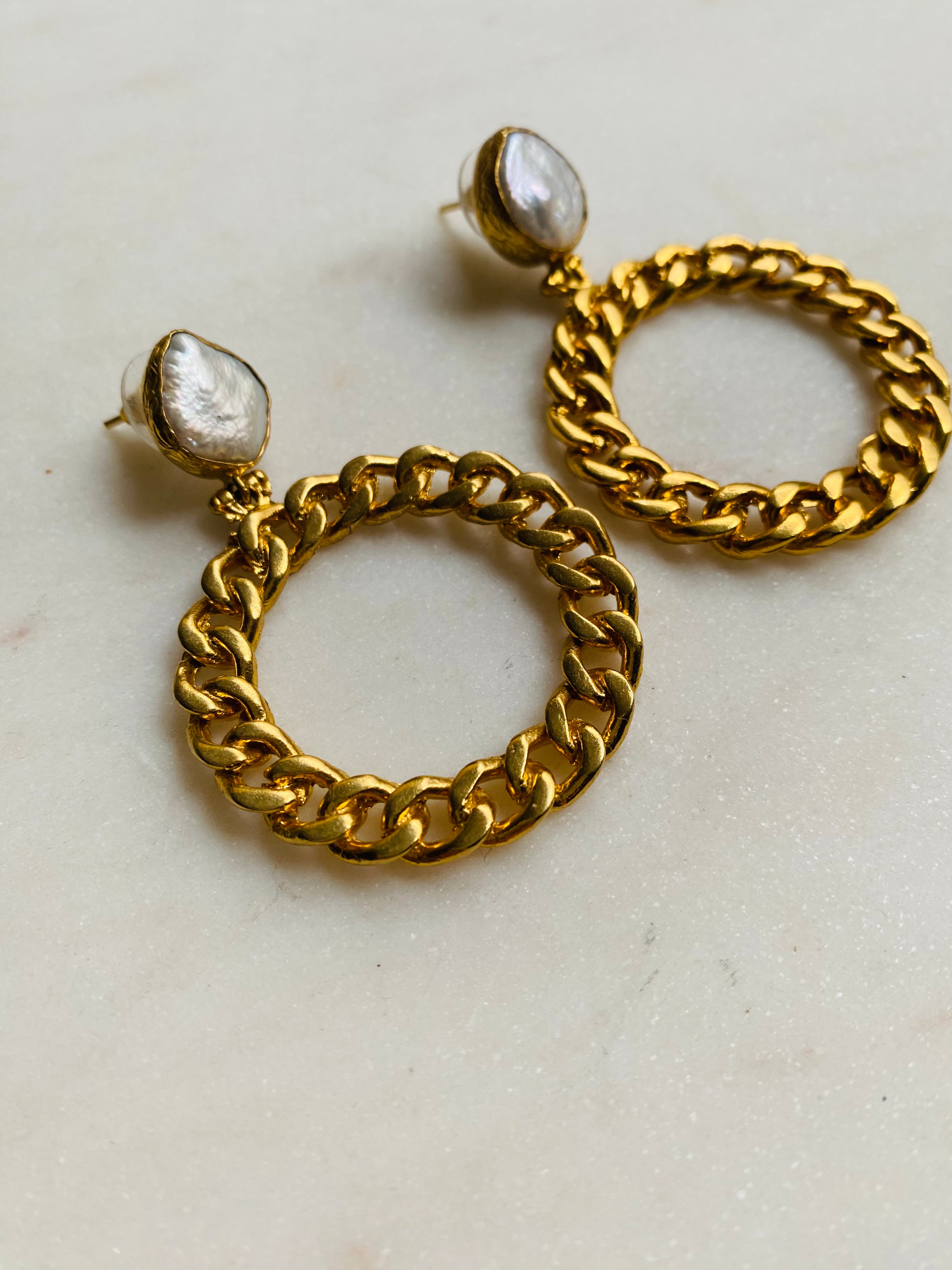pearl chain hoop earrings