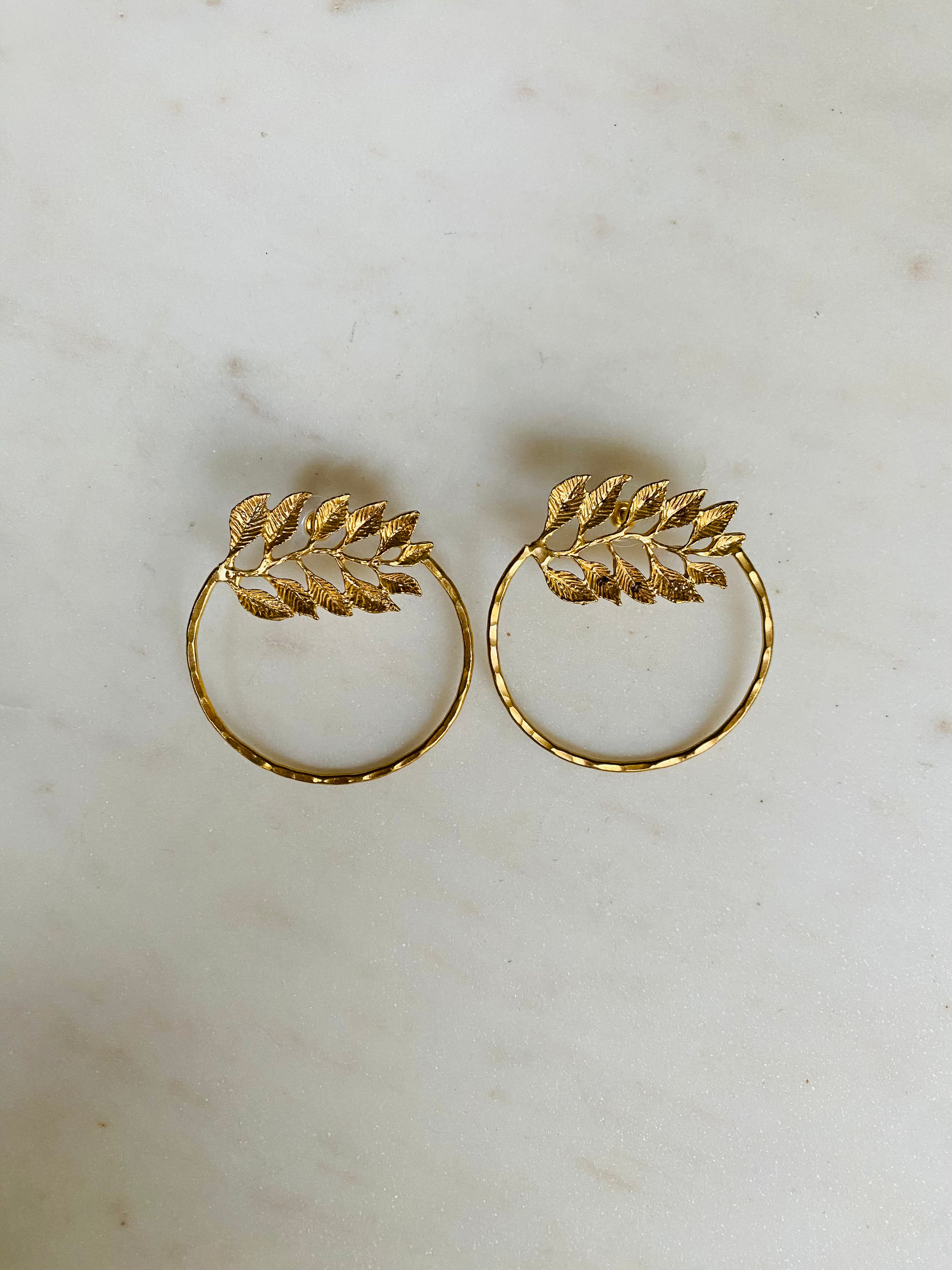 gold leaf hoop earrings