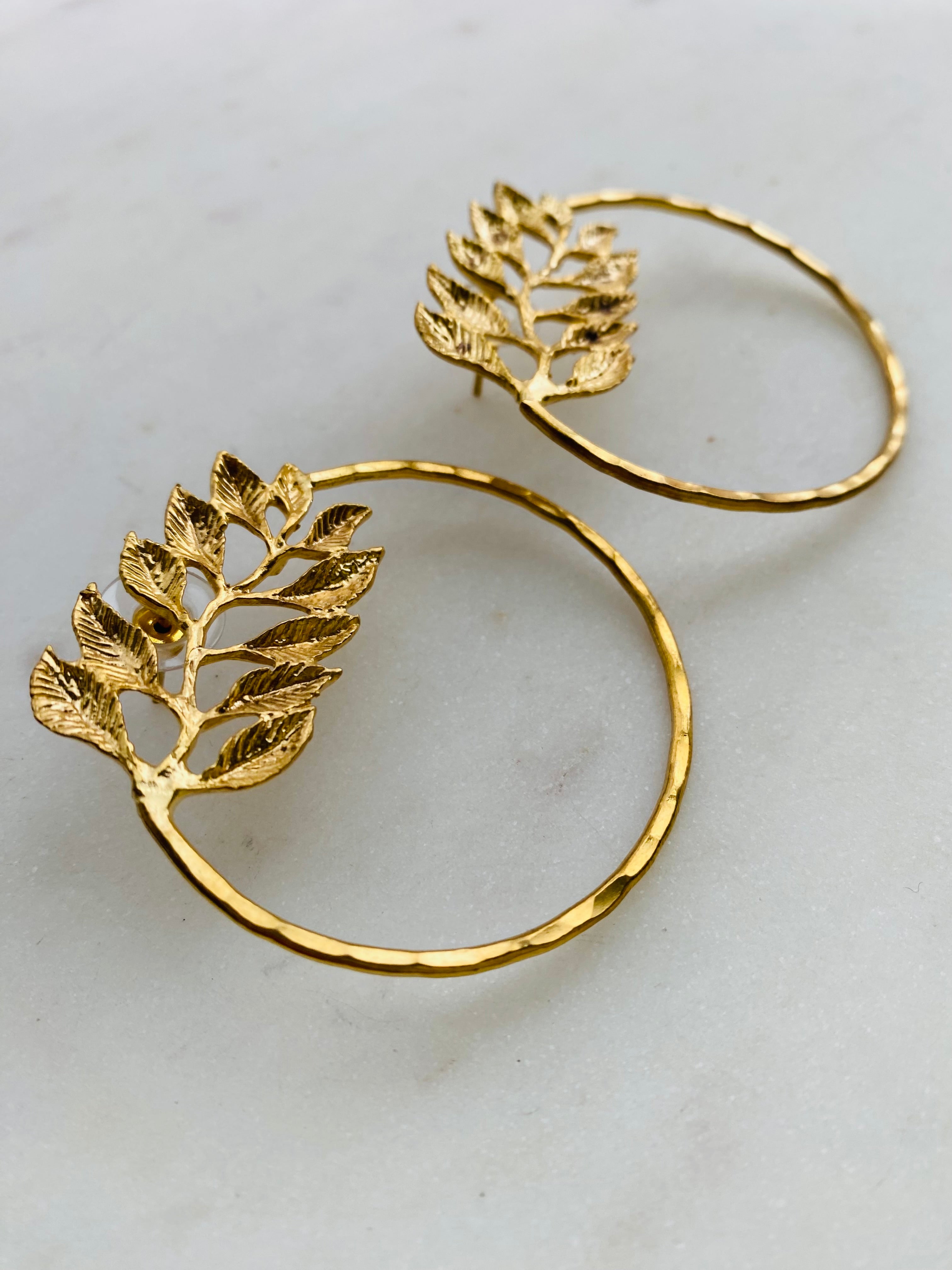 gold leaf hoop earrings