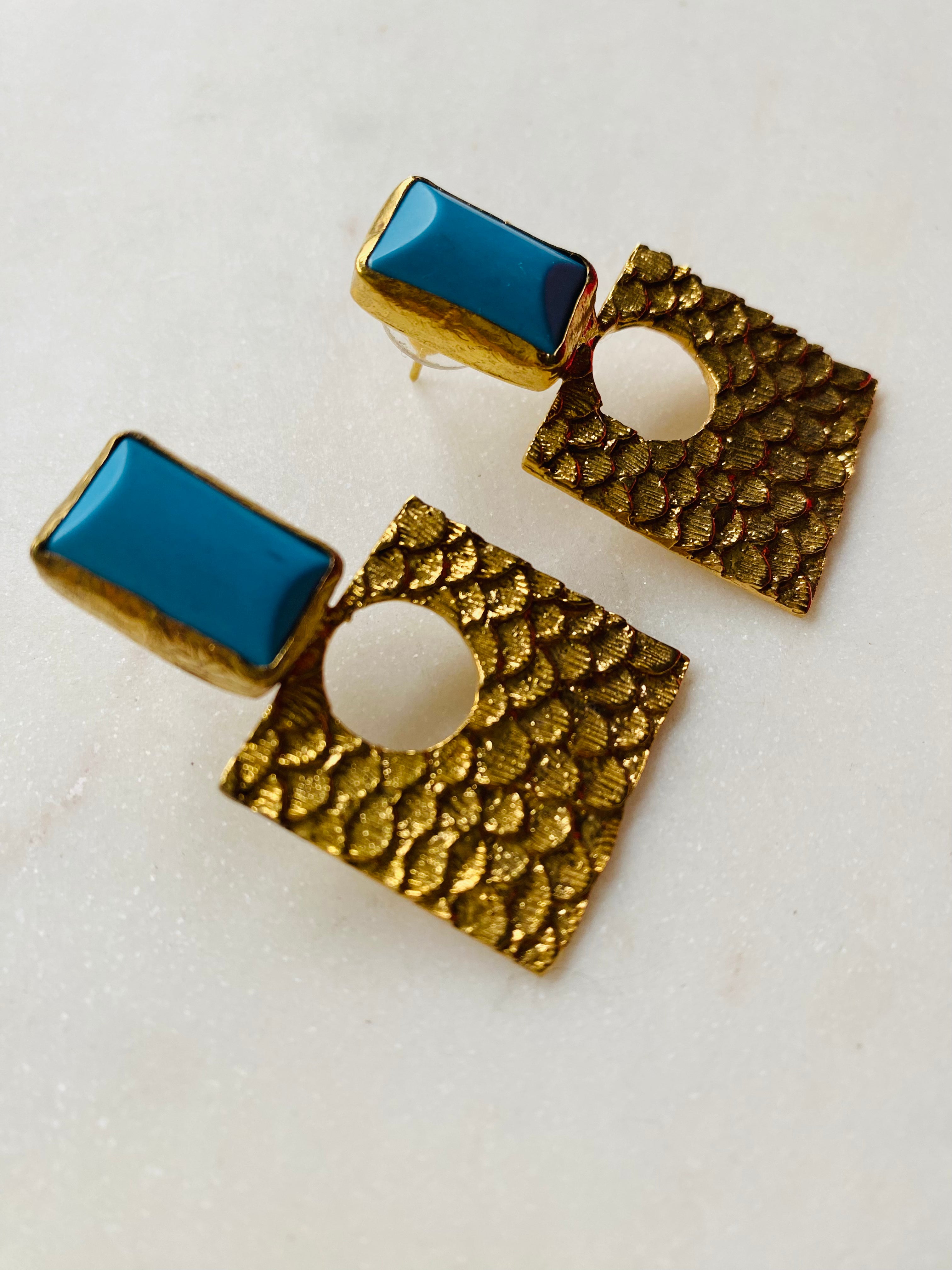 turquoise gold textured earrings